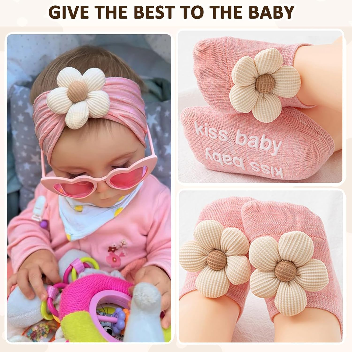 Baby Girl Headbands and Socks,Non-Slip Grips Socks Flower Soft Hairbands Hair Accessories for Infant Toddler Kids (US, Age, 6 Months, 12 Months, Pink Beige) image number 1