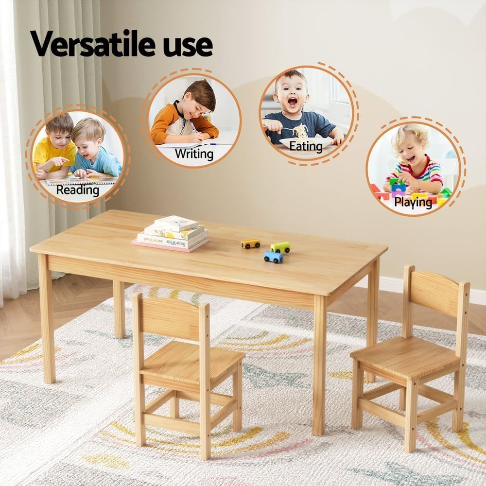 Keezi Kids Table and Chairs Set Play Activity Study Desk Natural Pinewood 3PCS image number 4