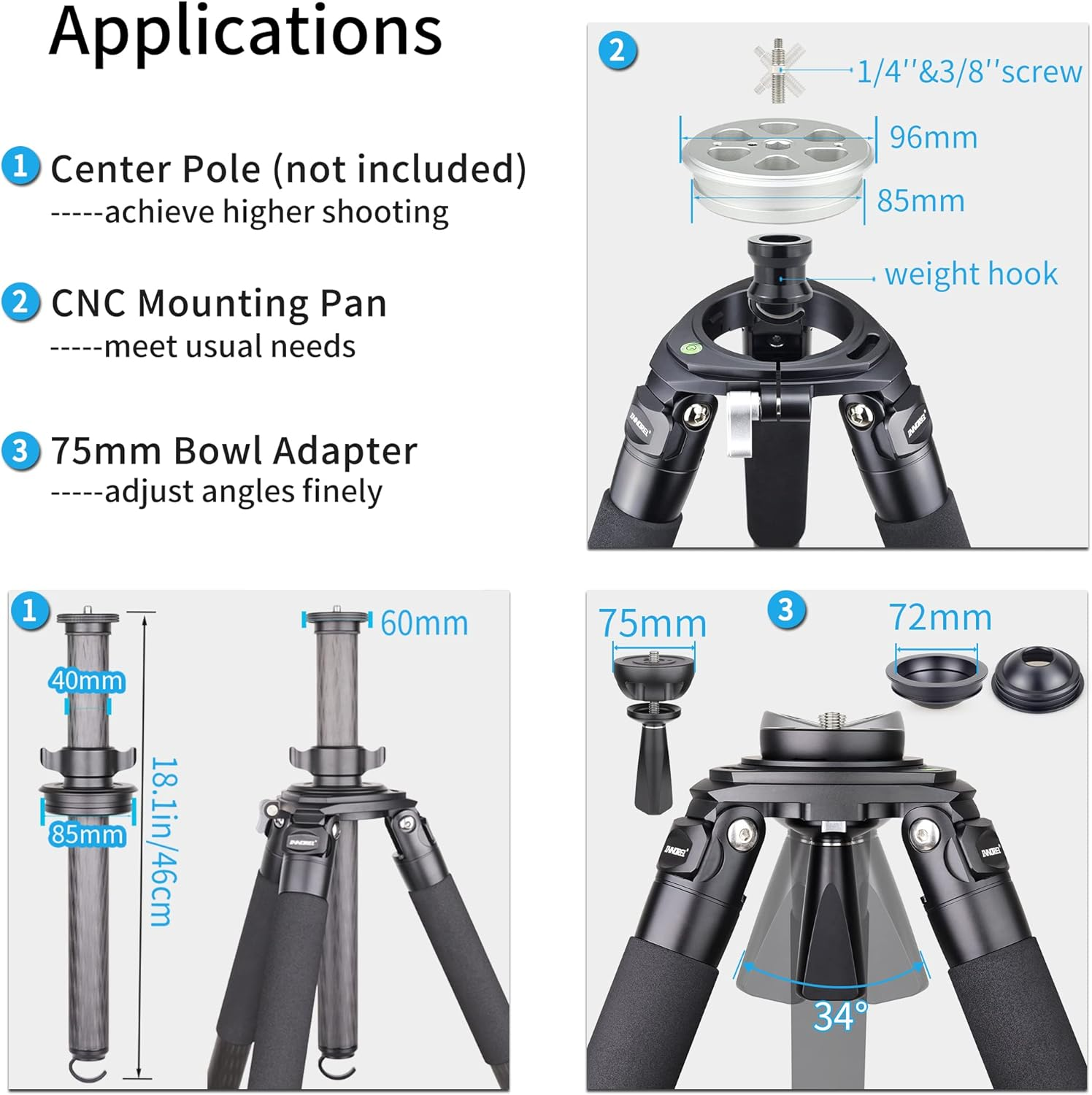 INNOREL RT90C Professional Carbon Fibre Tripod, Heavy Duty Stand with 75Mm Bowl Adapter, Height 160 Cm, 40Mm Tube for DSLR Cameras Compatible with Ball Head & Hydraulic Head Load 40Kg image number 4