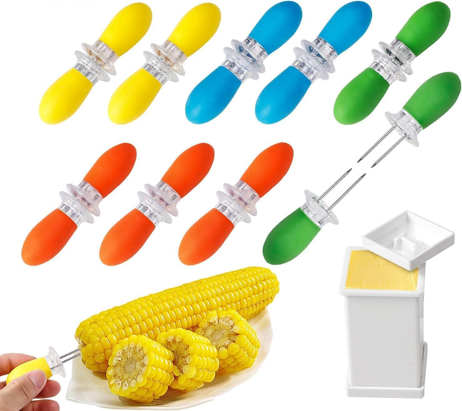 Quhoxdye 18Pcs/9Pairs Corn Holders, Stainless Steel Corn Cob Holders Corn on the Cob BBQ Fork Skewers with Butter Spreader for Home Cooking Parties Camping (Multicolor)