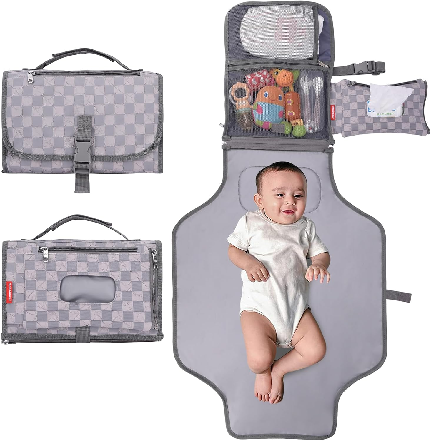 Bebamour Portable Nappy Changing Mats with Wipes Pocket Travel Baby Changing Pads with Head Cushion for Infants Waterproof Diaper Changing Pads Newborn Essentials, New Black image number 4