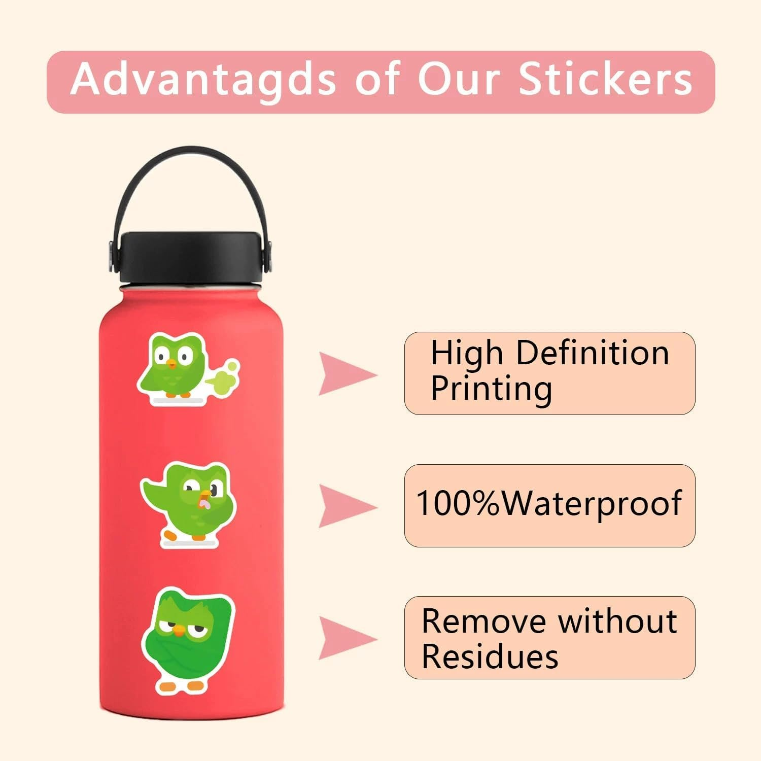 50 Pieces Duolingo Owl Stickers for Water Bottle|Vinyl Waterproof Decals for Laptop Skateboard Phone Car Decals for Teens Adults for Party Favors Supplies Decor (Cartoon Language Practice Stickers) image number 3