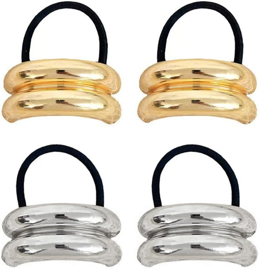 Gaodercha Pack of 4 Metal Geometric Elastic Hair Ties 2 Styles Shiny Double Bow Ponytail Hair Tie Elegant Durable Geometric Design Hair Accessories for Women