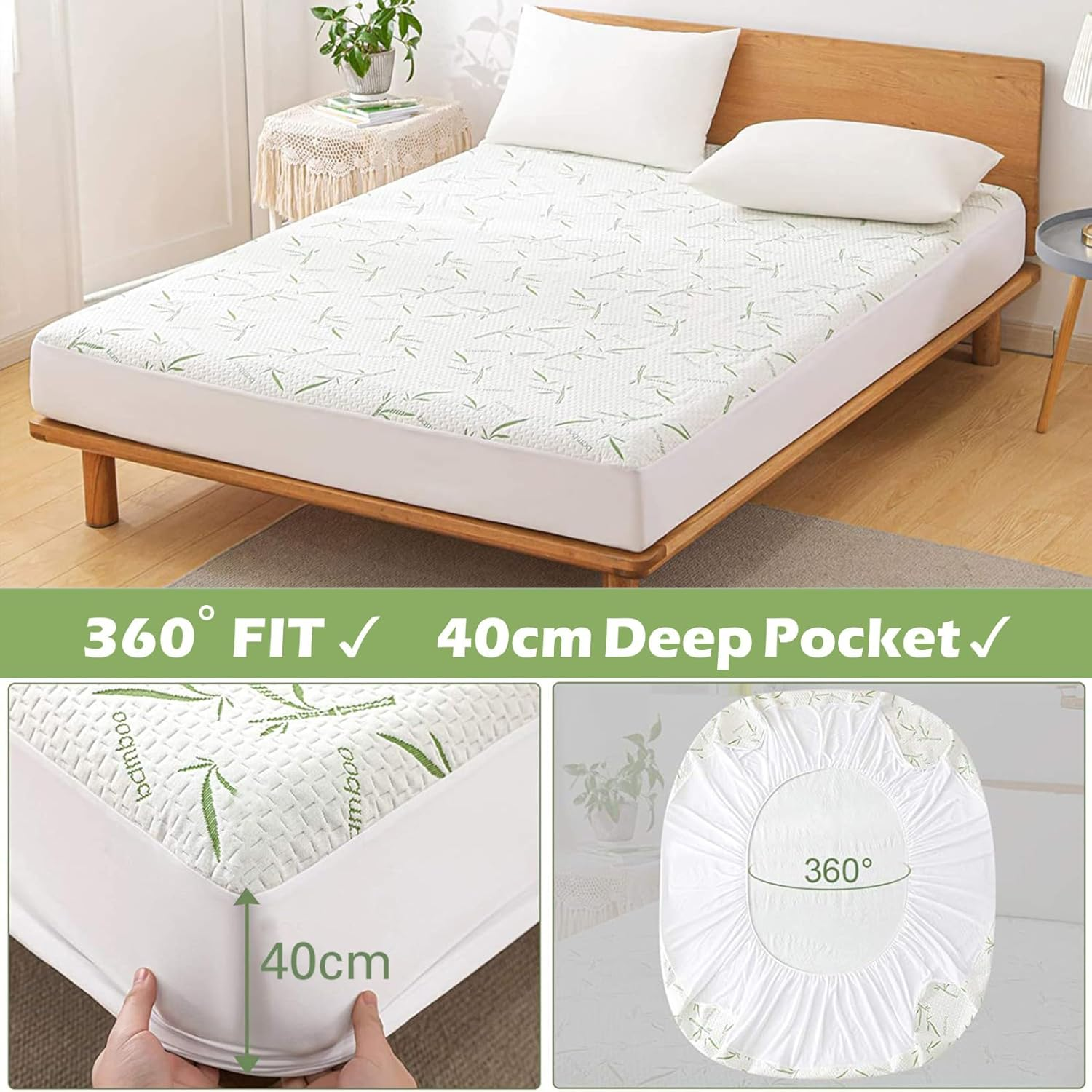 Forzzz Double Cooling Bamboo Mattress Protector Upgraded Design 3-Layer - Waterproof Fitted Sheet Mattress Cover Hypoallergenic Premium Quality Soft Pad Protects from Dust, Allergies image number 3