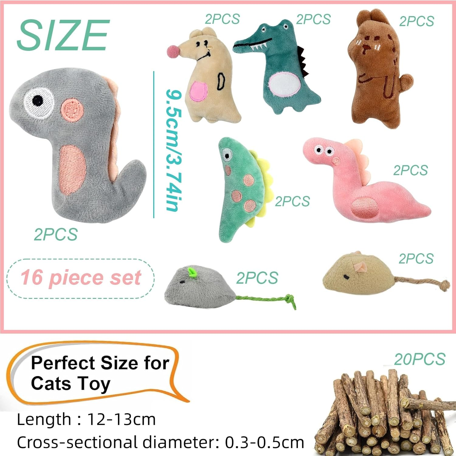 TECKI Catnip Toy Set - 16 X Cat Toys + 20 X Matatabi Chew Sticks, Cat Toy Intelligence, Cat Dental Care & against Bad Breath Odor, Essential Accessories for Cat Lovers image number 6