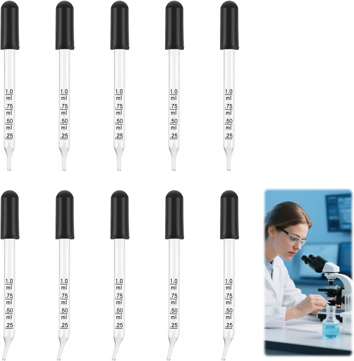 10 Pack Glass Droppers Set, 1Ml Pipettes with Natural Rubber Bulbs, Straight & Elbow Tip Calibrated Droppers for Essential Oils Science Labs Skincare Formulating image number 4