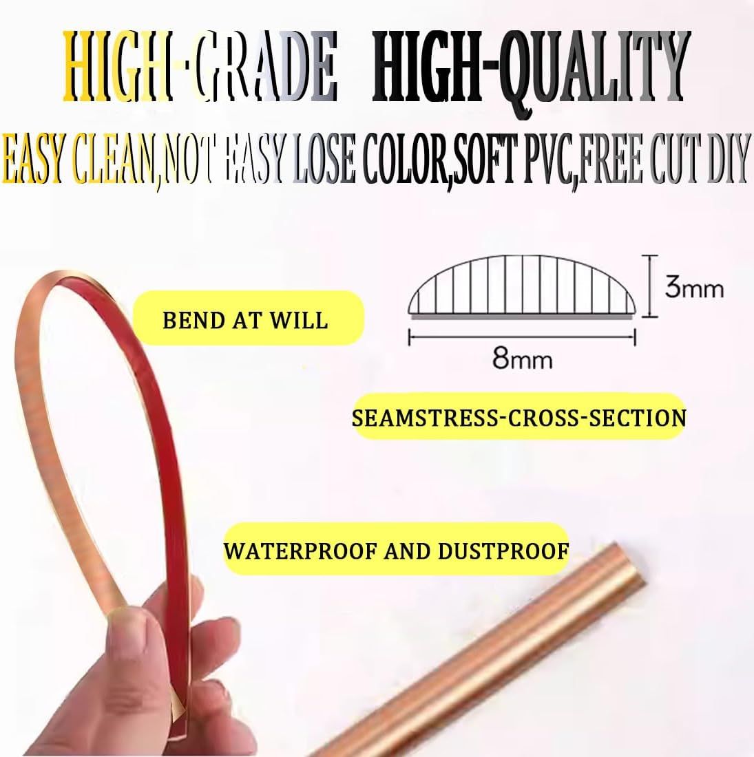 Rose Gold Self-Adhesive 3D Wall Edge Strip Peel & Stick Edge Seam Wall Sticker Decorative Tape Decorative for Ceiling/Corner/Mirror/Furniture/Wardrobe/Home & Car Decoration (0.8CM*5M/0.31IN*16.4FT) image number 1