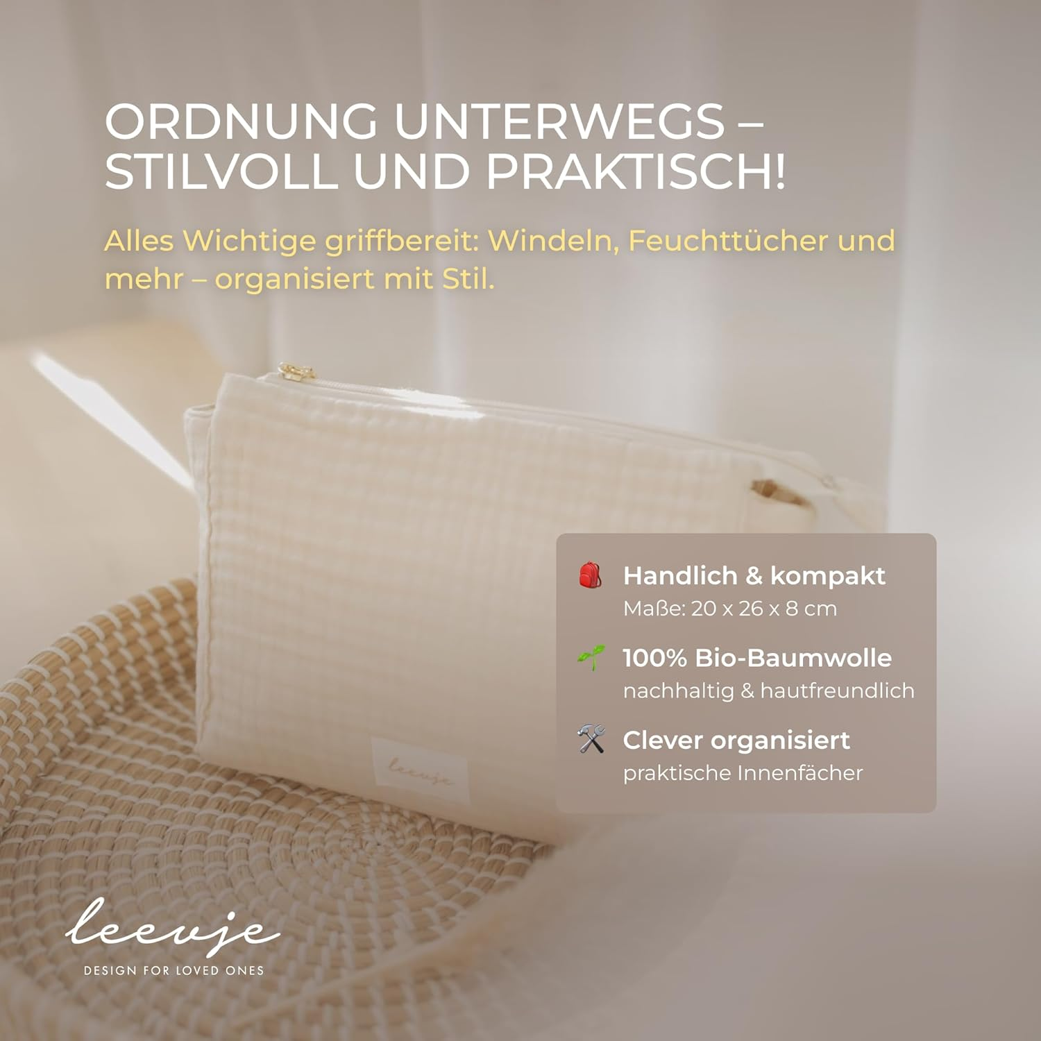 Nappy Bag for on the Go - 100% Cotton Baby Nappy Bag - Beige - Suitable as Changing Bag, Cosmetic Bag & Travel Organiser - Matches Changing Mat image number 1