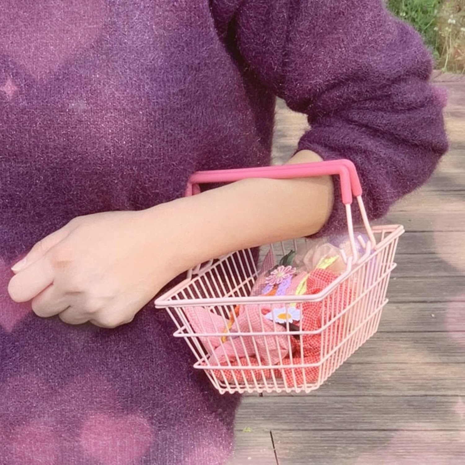 Cyrank Mini Pink Shopping Basket for Kids, Portable Iron Storage Basket with Handles, Good Decoration for Home