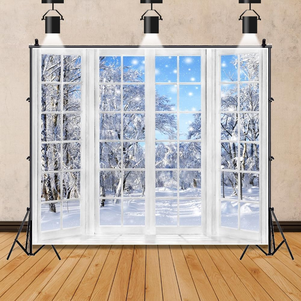 12X8Ft Winter Photography Backdrop Beautiful Nature Snowy Scenery Wonderland French Window Background for Kids Children Family Christmas Happy New Year Party Decor Banner Portrait Photo Booth Props image number 2