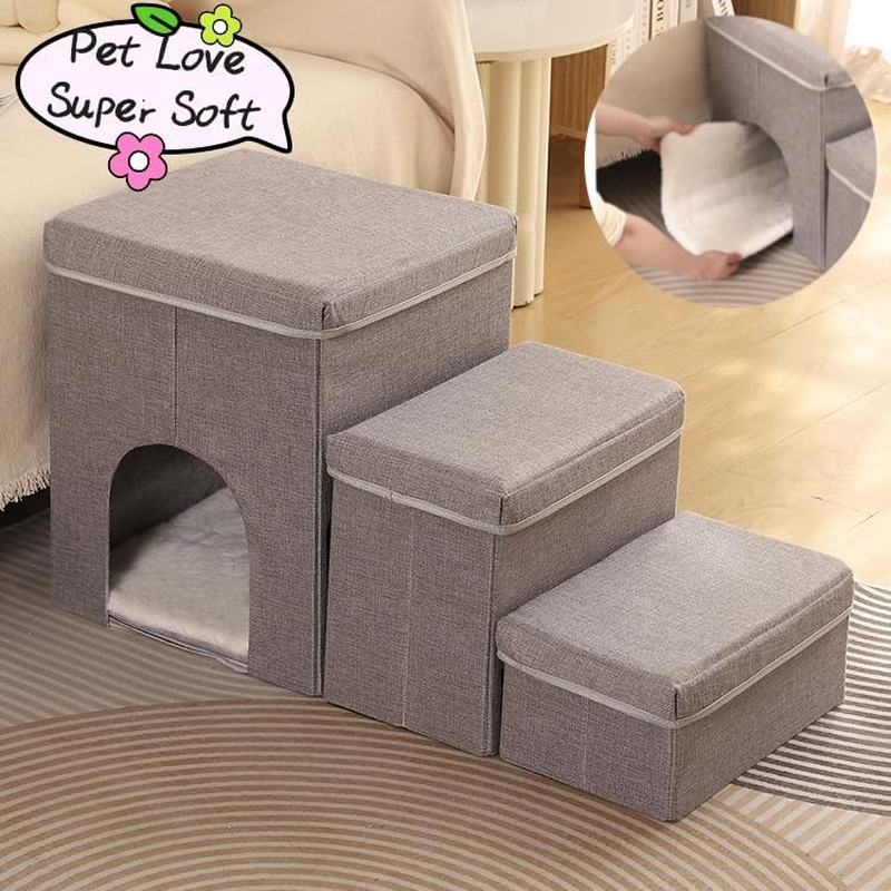 3-Step Storage Pet Stairs for Dogs & Cats | Heavy Duty Dog Stairs/Ramp with Storage House | Detachable & Washable Design | Small Pets | Brown | H:43CM image number 5