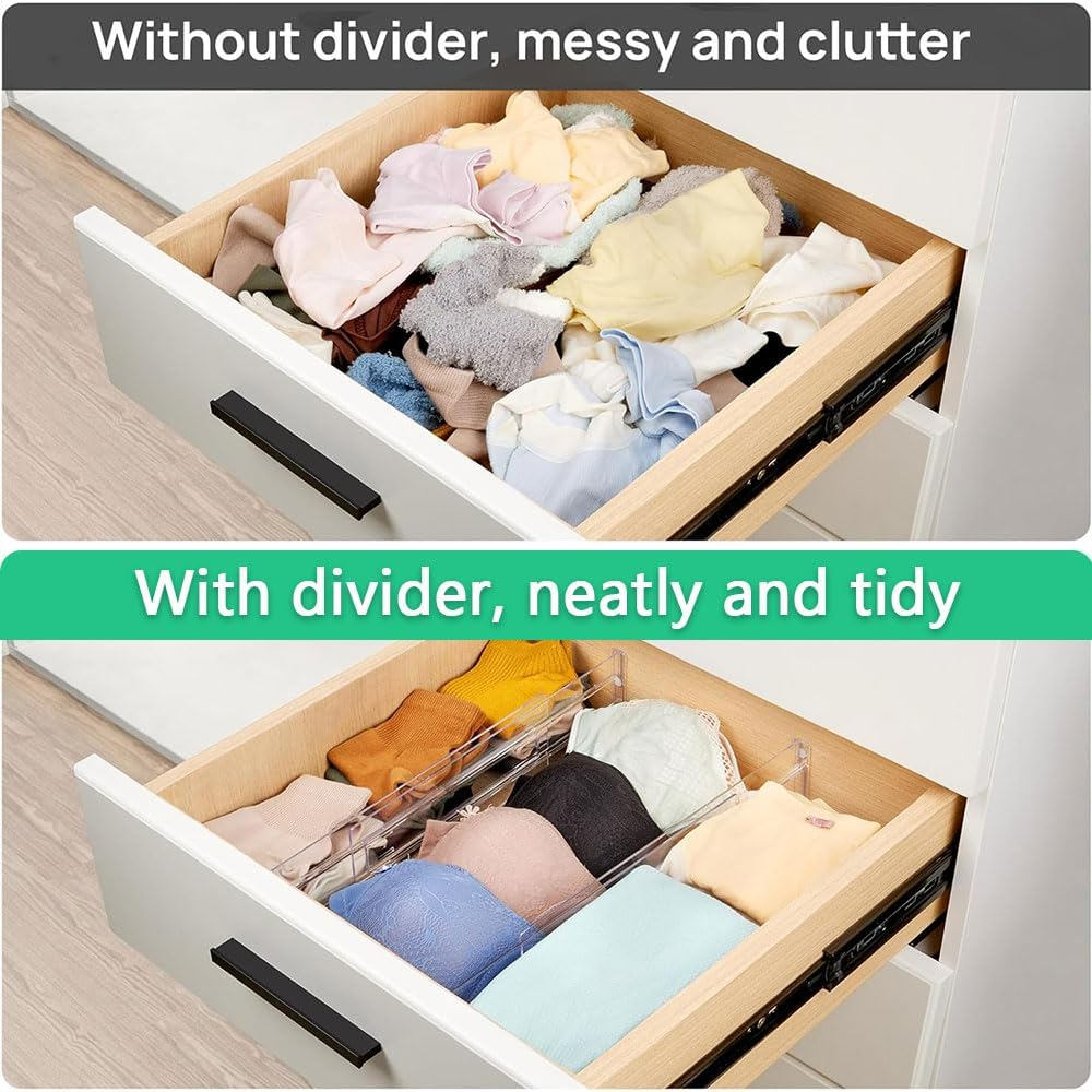 6 Pack Adjustable Clear Plastic Drawer Dividers, Expandable Drawer Organizers with Double-Sided Tape for Kitchen Utensils, Clothing, Wardrobe, Office Storage image number 3