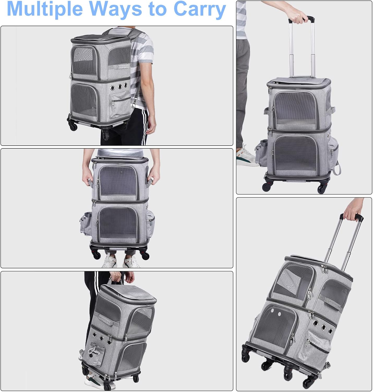 HOVONO Double-Compartment Pet Carrier Backpack with Wheels for Small Cats and Dogs, Cat Rolling Carrier for 2 Cats, Perfect for Traveling/Taking a Walk/Trips to the Vet, Grey - Grey image number 5