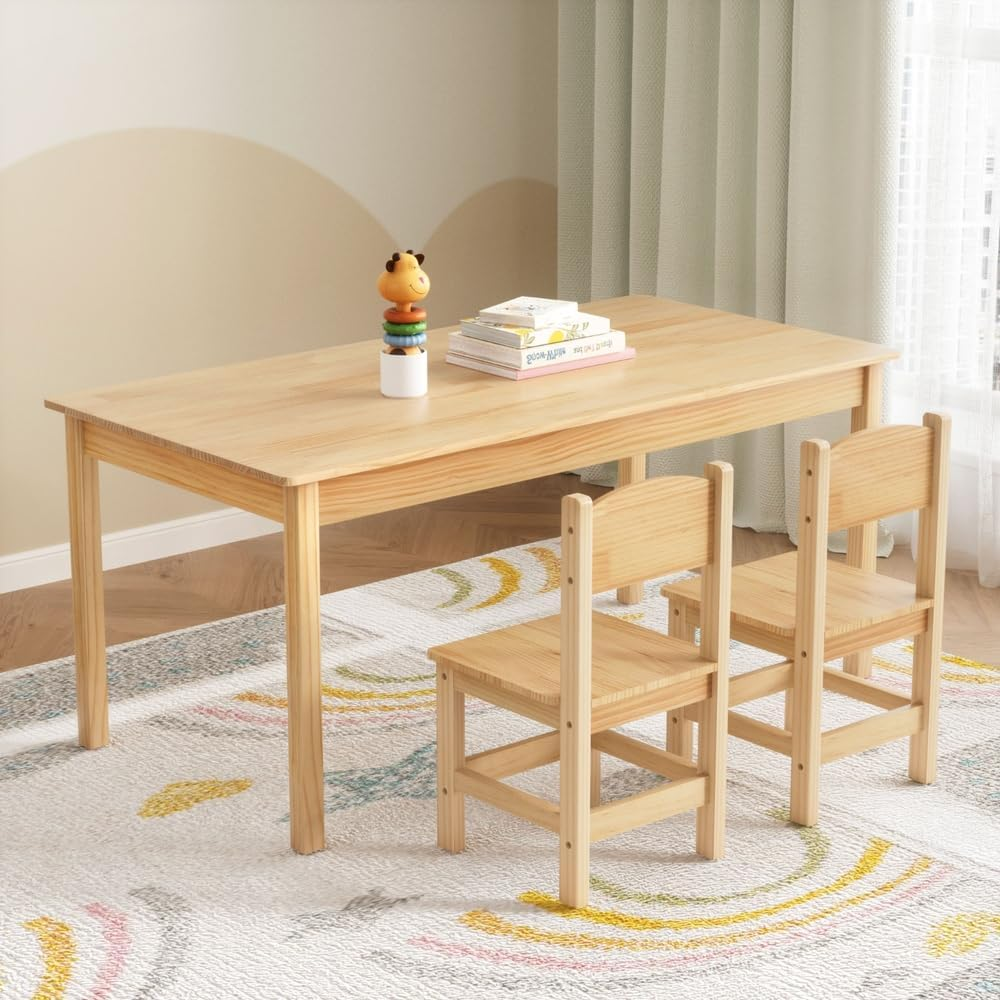 Keezi Kids Table and Chairs Set Play Activity Study Desk Natural Pinewood 3PCS image number 3