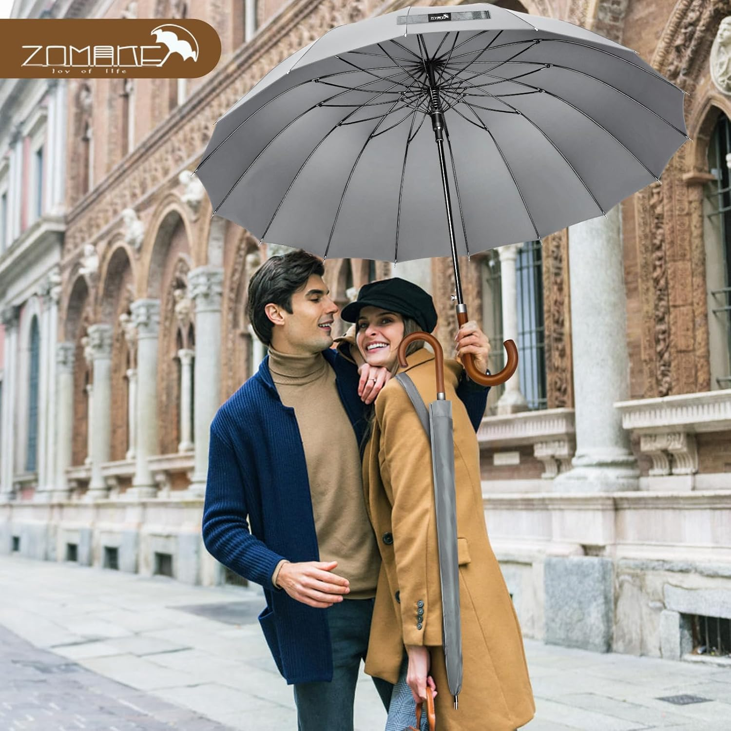 ZOMAKE Large Stick Golf Umbrella with Wood Hook Handle 16 Ribs - Automatic Open Classic Umbrellas Windproof Wooden Handle - Long Umbrella with J Hook,Curved Handle Umbrella Cane for Women Men - Purper image number 3