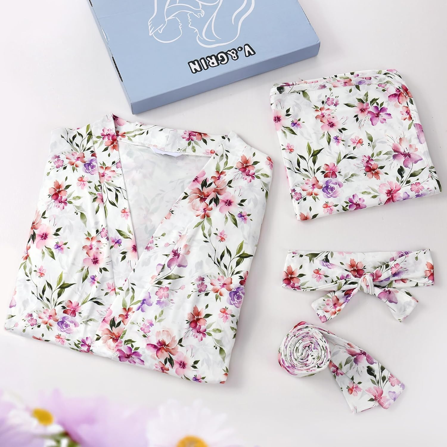 V.&GRIN Mommy and Me Robe and Swaddle Set, Maternity Robe and Matching Baby Blanket | Hospital Outfits Labor Delivery image number 5