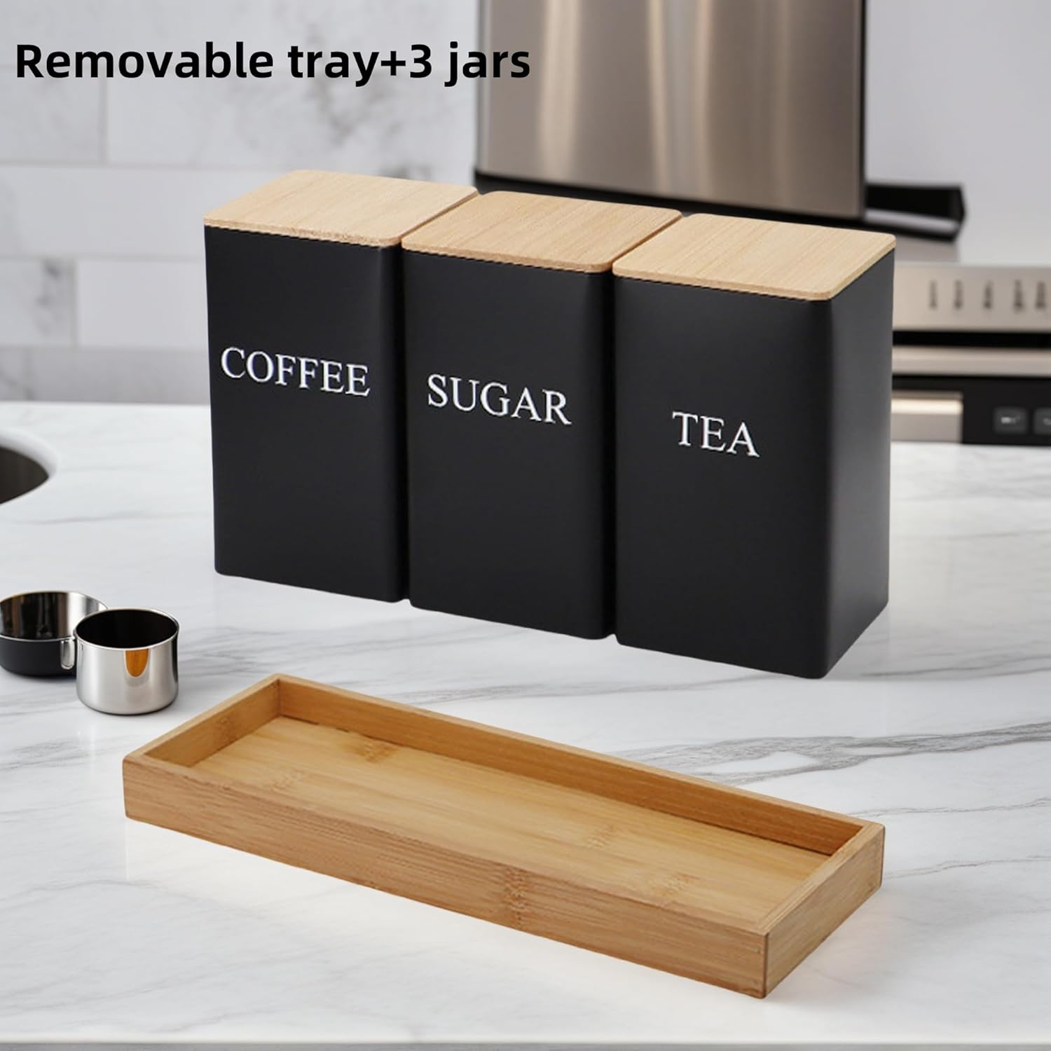 Alerrawia Tea Coffee Sugar Canister 1000 Ml Metal Coffee Tea Sugar Container with Airtight Bamboo Lid and Name Marker Food Storage Containers Jars for Coffee Sugar Tea Black Container Sets image number 6