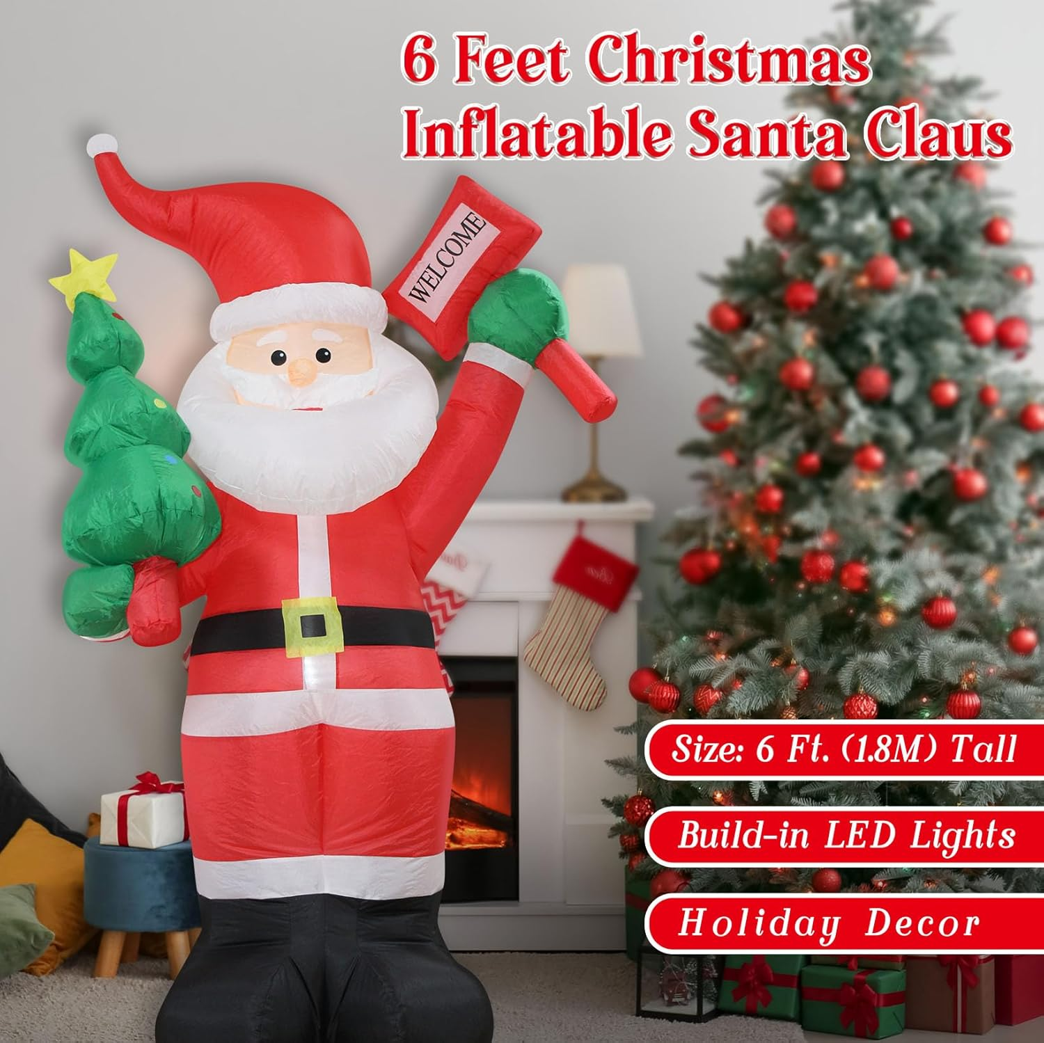 Christmas Inflatables Santa Holds Tree Welcome Lighted Yard Lawn Inflatable Decoration Holiday Party Decor, Christmas Decor Blow up Outdoor Yard Lawn Decoration (6FT- Santa Holds Tree & Welcome) image number 4