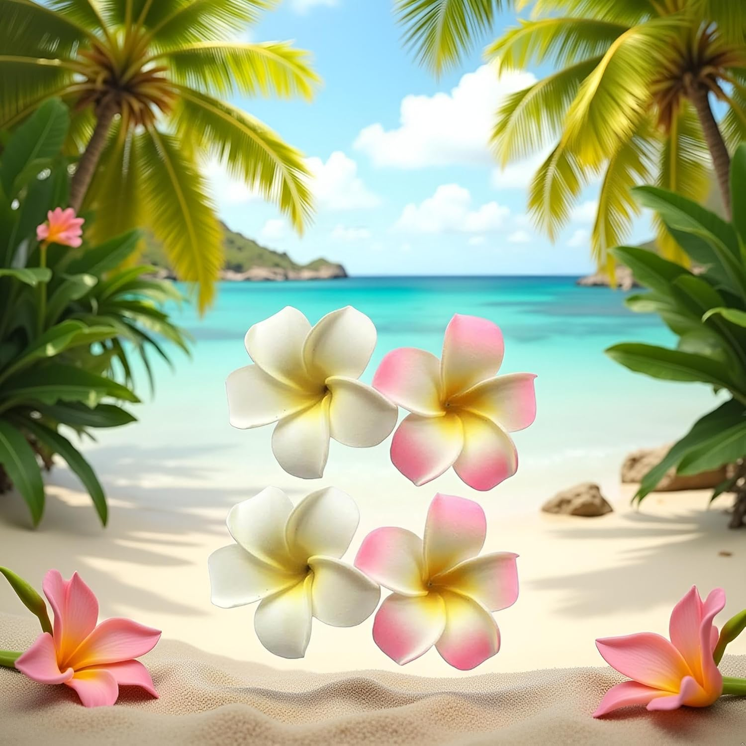 Pack of 4 7 Cm White and Pink Hawaiian Frangipani Plumeria Foam Head Flower Party Beach Hair Clip Hair Clips image number 1