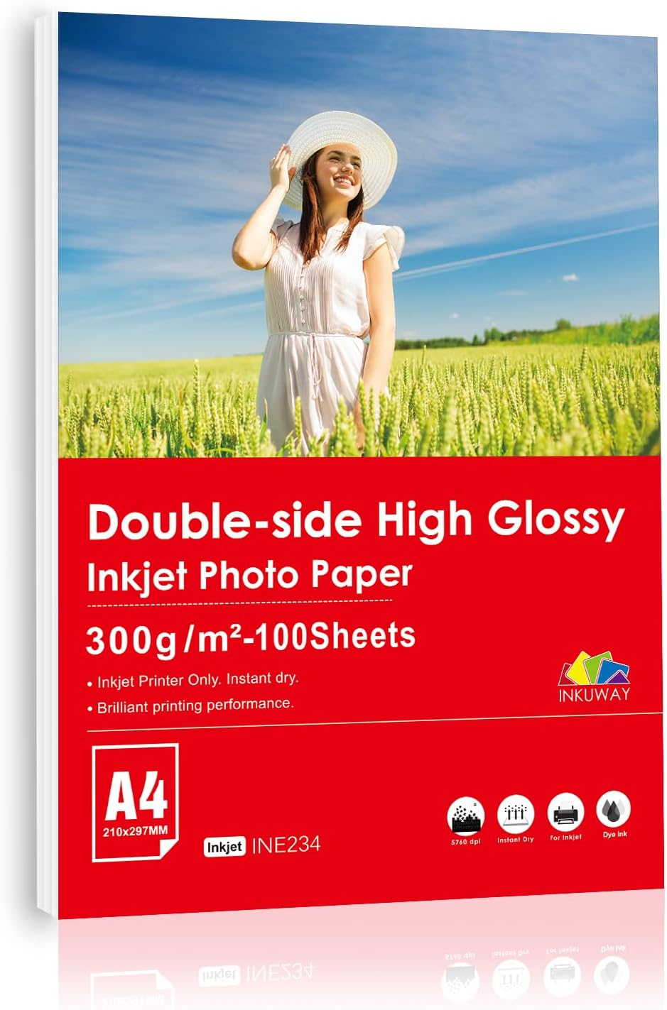 INKUWAY 300Gsm A4 Thick Photo Paper Glossy Double Sided Inkjet 100Sheets Heavyweight for Printing Photos, Greeting Card, Postcard, DIY Cards.