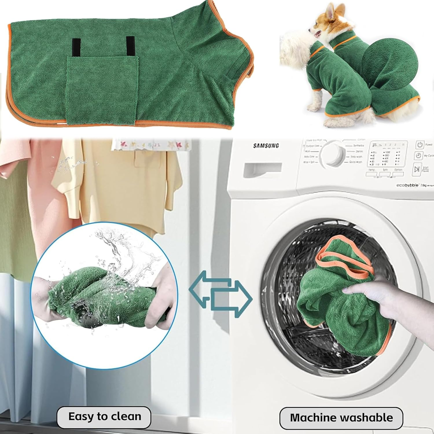 Microfibre Dog Bathrobe, Quick-Drying, Dog Bathrobe, Extra Absorbent, Adjustable Dog Drying Coat, for Medium Dogs, for Use after Bathing, Swimming, Rain, Green image number 1