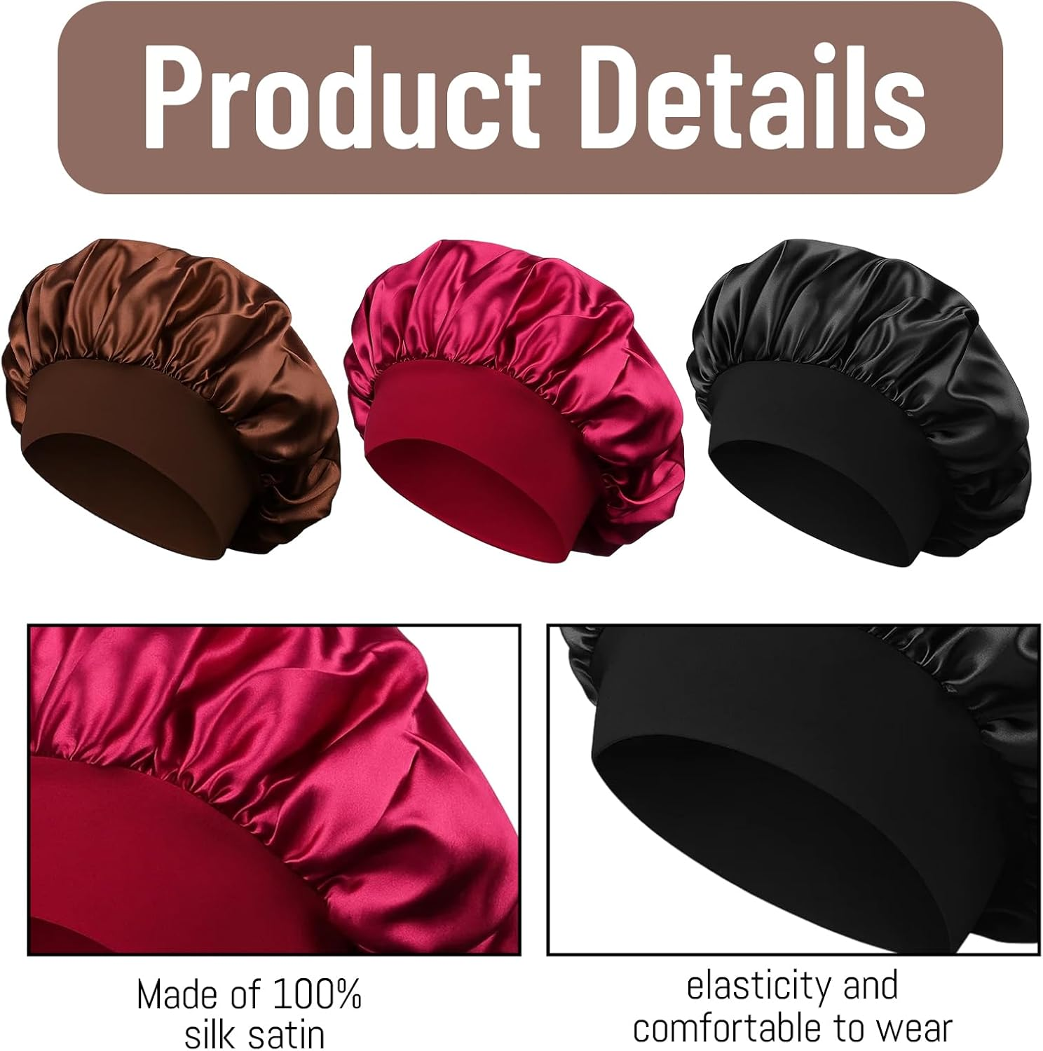 Bonnet Silk Sleep Cap, Set of 6 Hair Caps for the Night, Soft Satin Hood for Sleeping, Black, Wine Red, Blue, Dark Brown, Pink, Beige image number 5