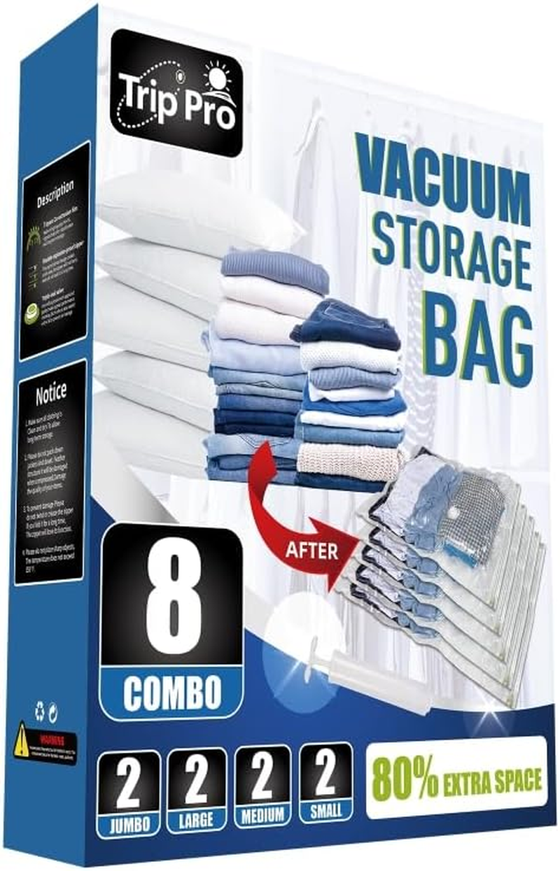 8 Pack Vacuum Storage Bags with Hand Pump, Space Saver Bags (2 Jumbo/2 Large/2 Medium/2 Small) Compression Storage Bags for Comforters and Blankets, Vacuum Sealer Bags for Clothes Storage. image number 2