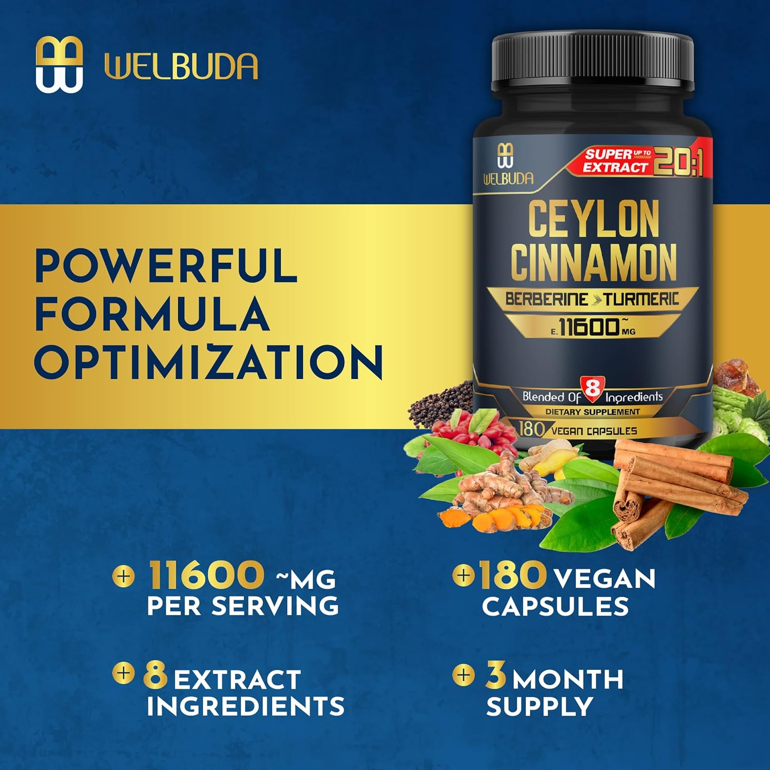 8In1 Ceylon Cinnamon Supplement Extract - 11600Mg Blended from Berberine, Turmeric, Ginger, Gymnema Sylvestre & More - 180 Capsules for 3-Month Supply - Heart Health, Brain, & Immune Support image number 2