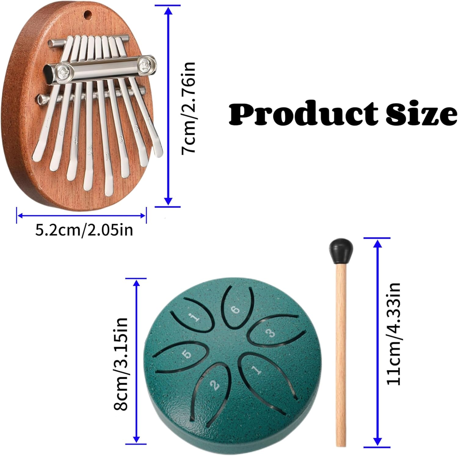 2 PCS Mini Musical Instruments,Mini Kalimba and Mini Rain Drum,8 Keys Mini Finger Thumb Piano and 6-Note Steel Tongue Drum,For Adult Kid Musical Education (Green) - Black image number 6