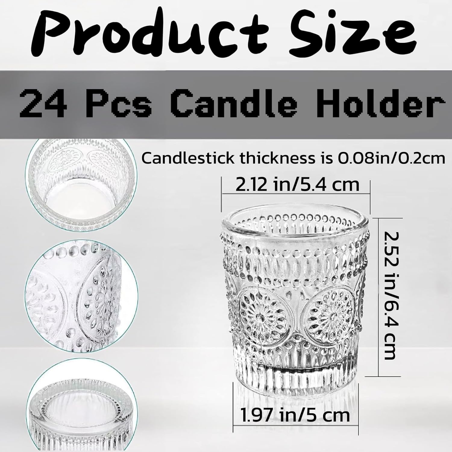 Set of 24 Clear Glass Votive Candle Holders, Tealight Candle Holders for Table Centerpieces, Relief Sunflower Shape, Wedding, Home, Bridal Shower, Birthday Party Table Decor (Clear) image number 6