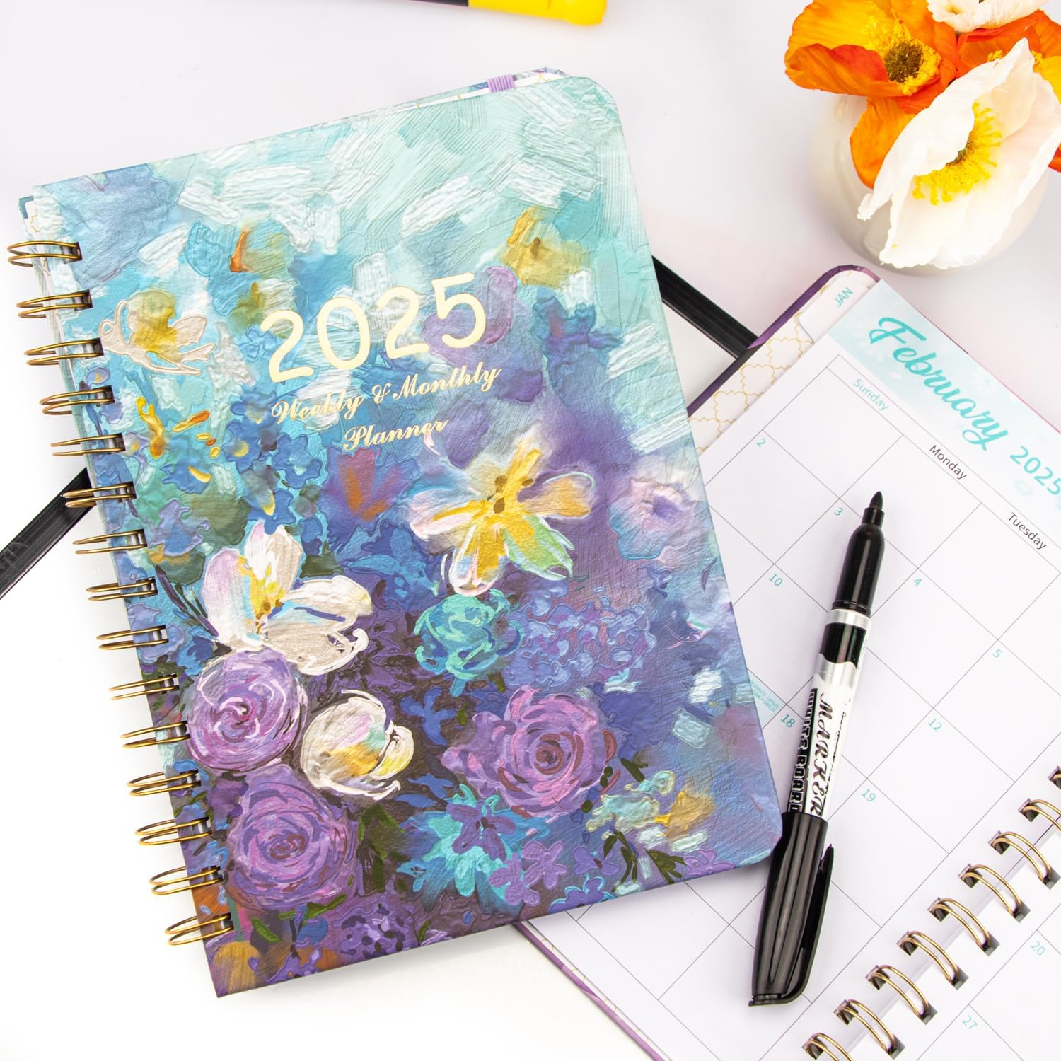 2025 Planner - 2025 Planner Weekly and Monthly, JAN. 2025 - DEC. 2025, 8.4" X 6" Calendar Planner Notebook with Monthly Tabs, 140 Pages Daily Organizer with Back Pocket, Purple Floral image number 4