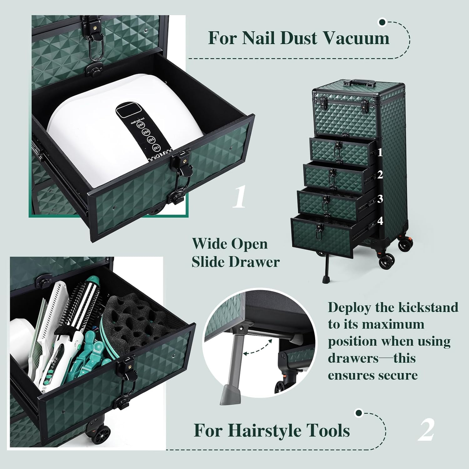 Yueieoun Nail Salon Cart with 4 Drawers,Rolling Makeup Train Case for Beauty,Cosmetology Case on Wheels Trolley Cart,Lockable Organizer Travel Case for Manicure/Face Painting/Hairstylist,Dark GREEN image number 5