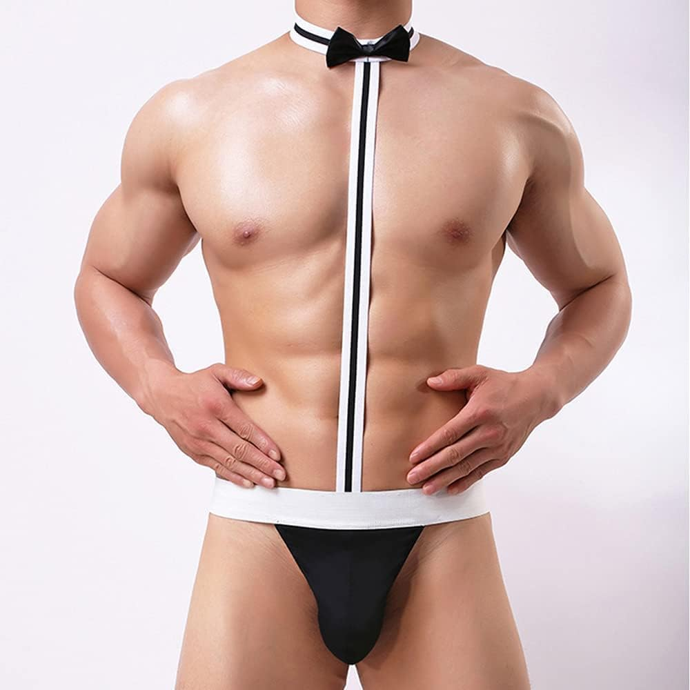 Men'S Sexy Bow Tie Bodysuit Thong Waiter Cosplay Costume, Mankini Beach Swimwear Suspender Thong Elastic G-String Butler Borat Underwear image number 3