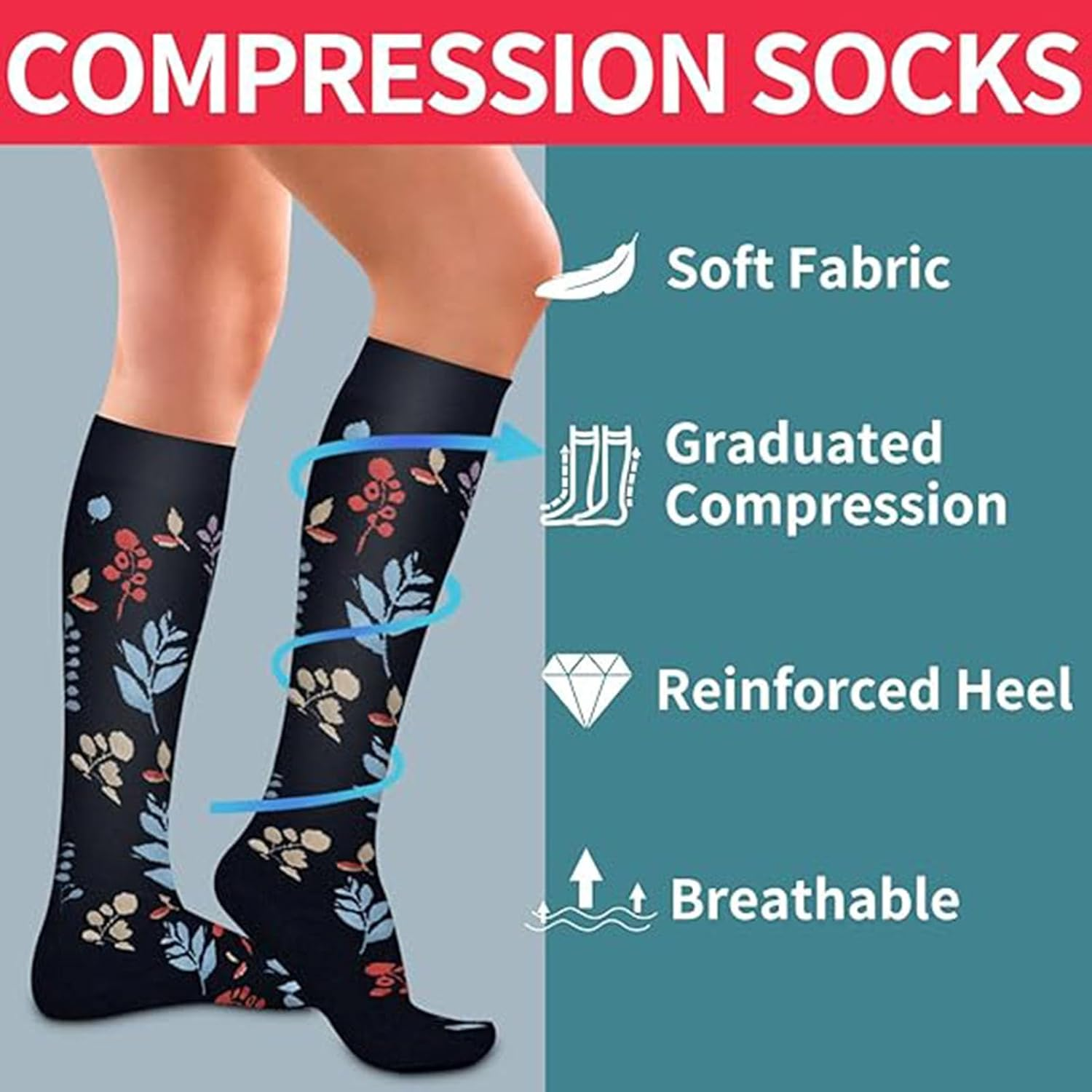 Compression Socks for Men & Women Circulation, MH MOIHSING Compression Stocking 15-20 Mmhg Best Support for Athletic Running, Swelling, Nurse, Flight, Travels, Nurses, Edema (3 Pairs) image number 4