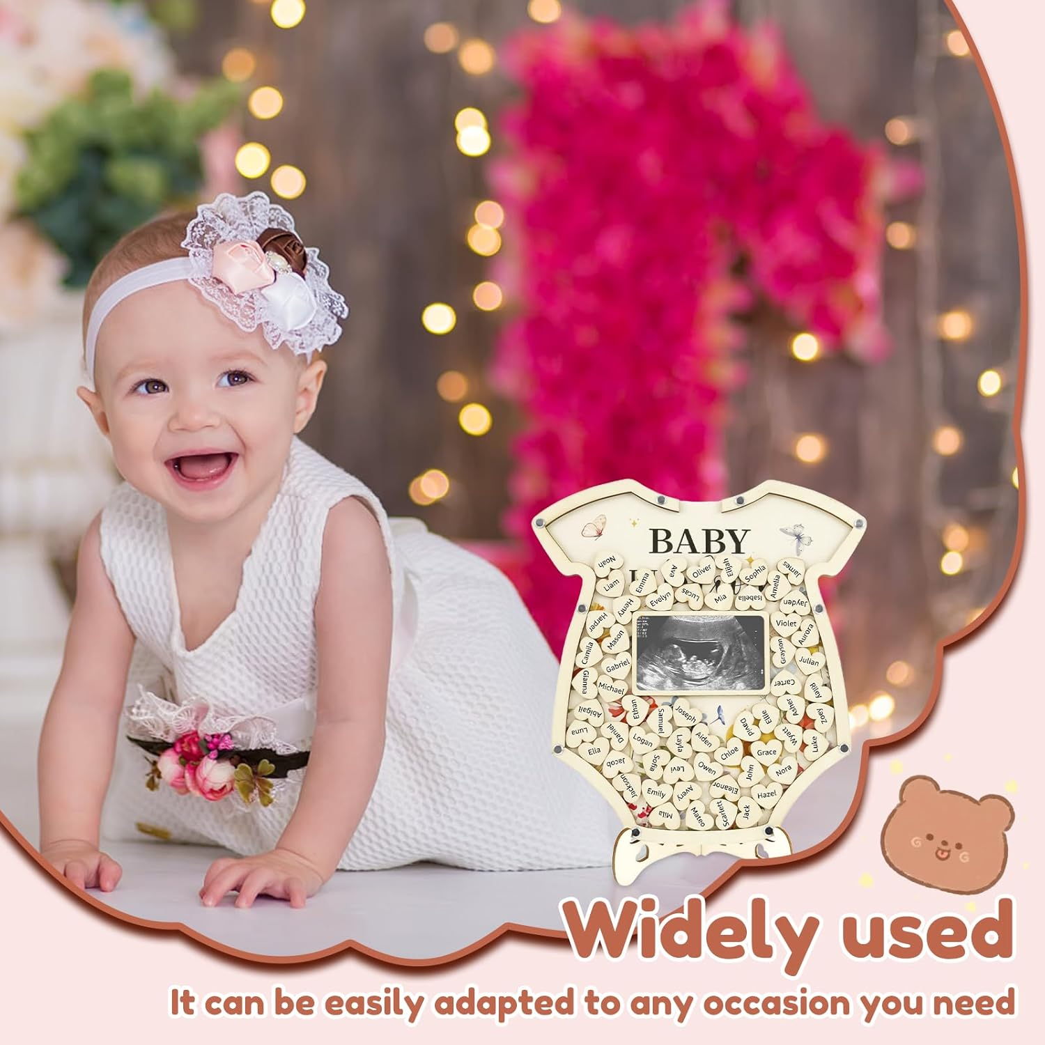 Wood Baby Shower Guest Book Record Growth Baby Shower Picture Frame with Stand and Pen Guest Book Alternative for Party