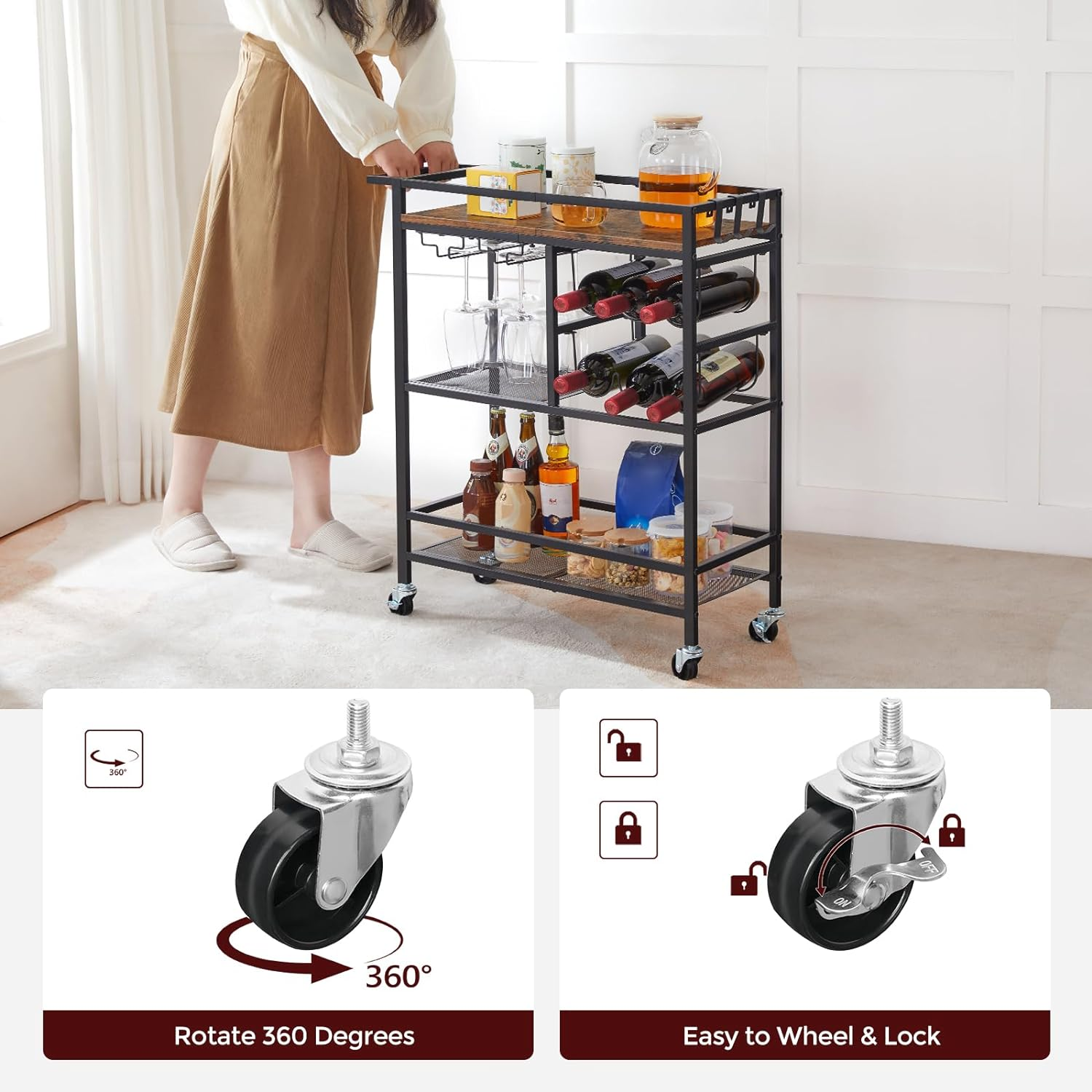 Bar Cart for Home, 3-Tier Serving Cart with Wheels and Handle, Beverage Cart with Wine Rack and Glass Holders, Rolling Wine Cart for Kitchen, Dining Room, Rustic Brown RCHR6101 image number 5