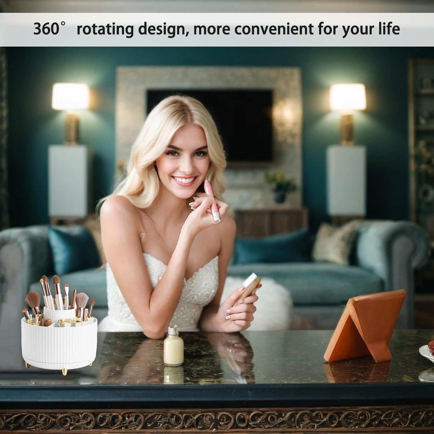 360&deg; Rotating Makeup Brush Holder Organizer - White Cosmetic Storage for Brushes, Nail Polish, Art Supplies - Countertop & Vanity Desktop Organizer