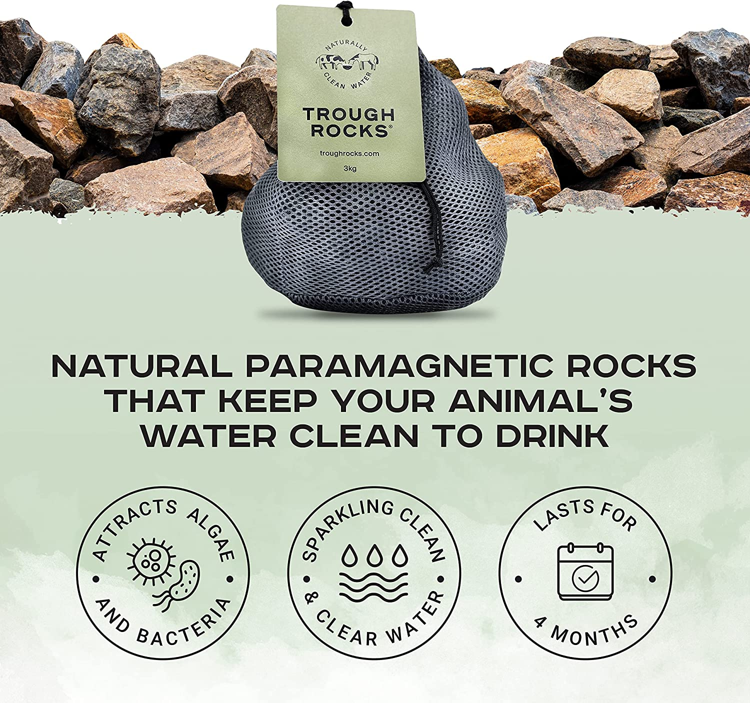Trough Rocks - All Natural Algae & Bacteria Inhibitors for Horses & Livestock Water Troughs, Cleaner Healthier Water, One Application, Lasts 4 Months, One 3Kg Bag image number 2