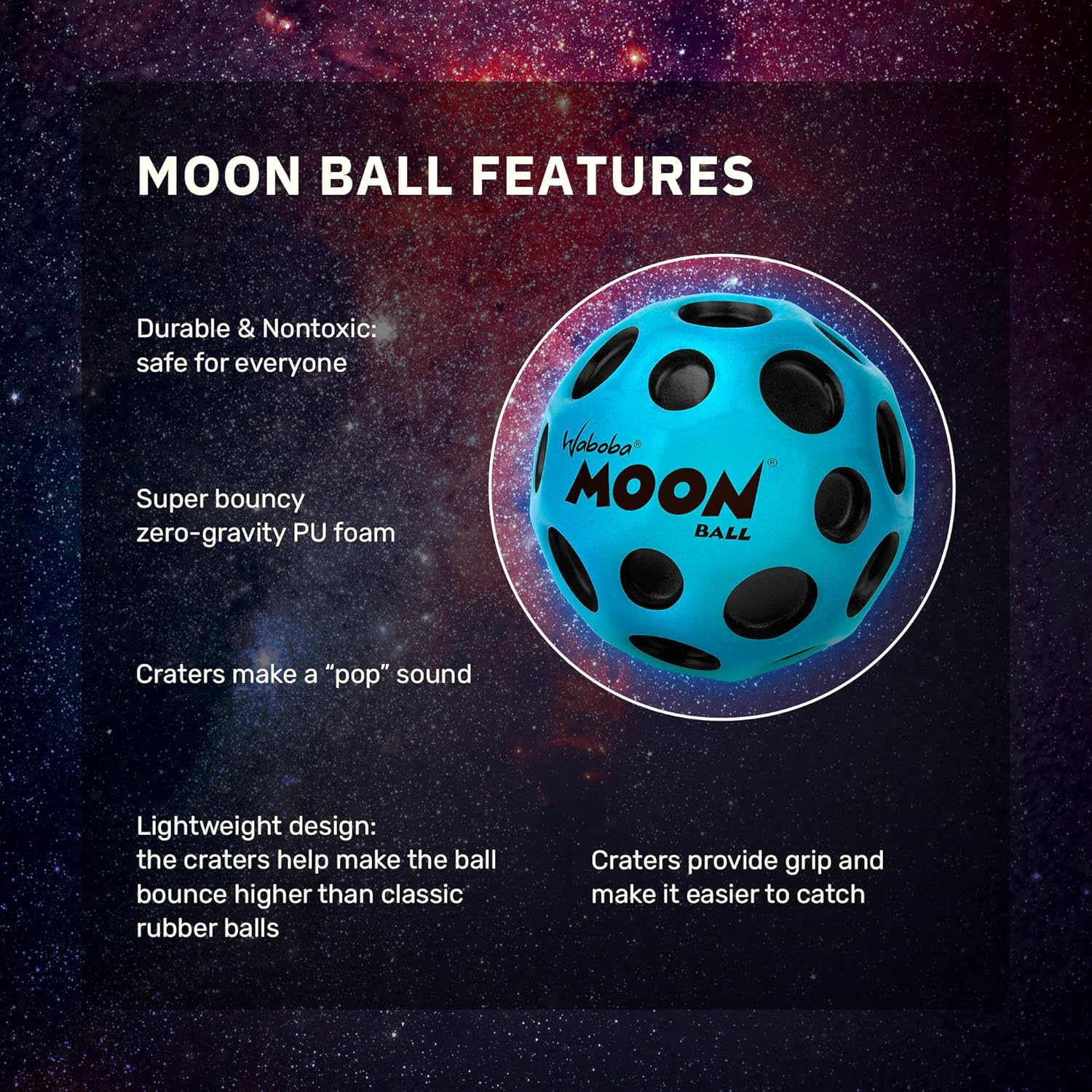 Waboba Moon Ball &ndash; Am H&ouml;chsten Springender Gummiball &ndash; Patentiertes Original-Design &ndash; Ballkrater Erzeugen Beim Aufprall EIN Knallendes Ger&auml;usch &ndash; Leicht Greifbar &ndash; Flummies F&uuml;r Kinder image number 5