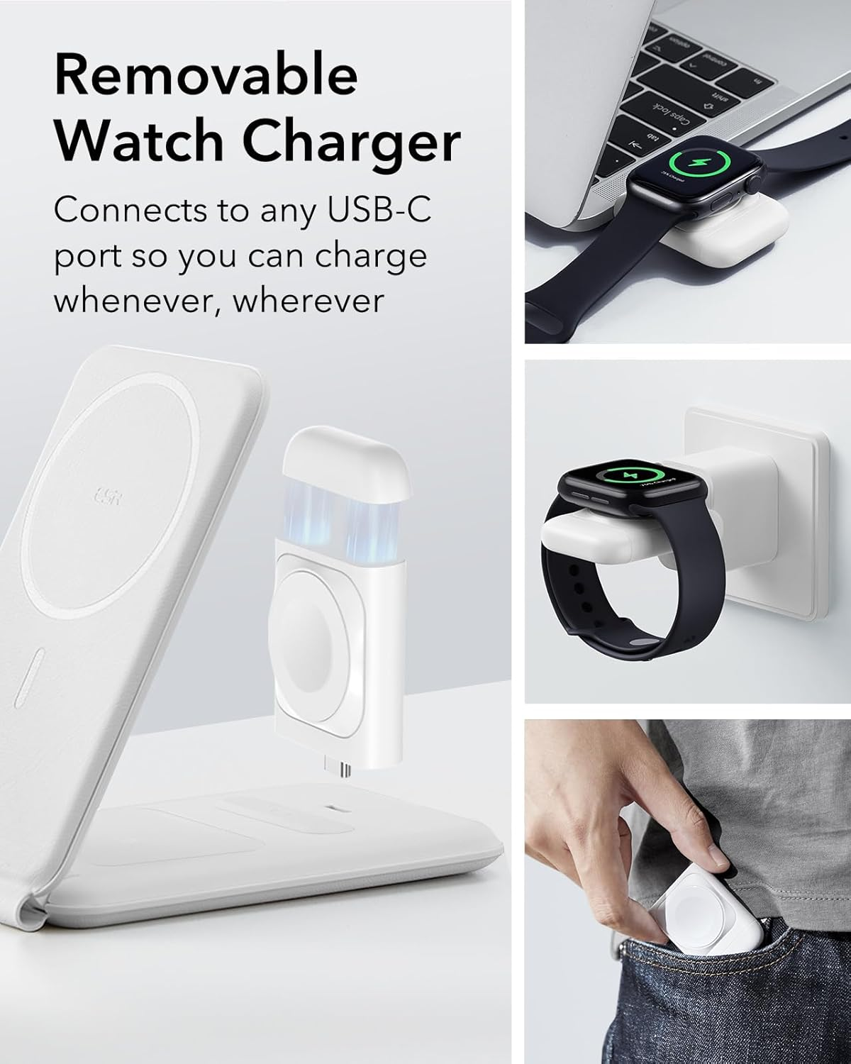 ESR 3-In-1 Travel Charging Station, Magsafe Charger, Made for Apple Watch Certified, Foldable Magnetic Wireless Charger for Iphone 16/15/14/13/12, Airpods 4/ Pro/3/2, Adjustable 2-Way Stand, White image number 2