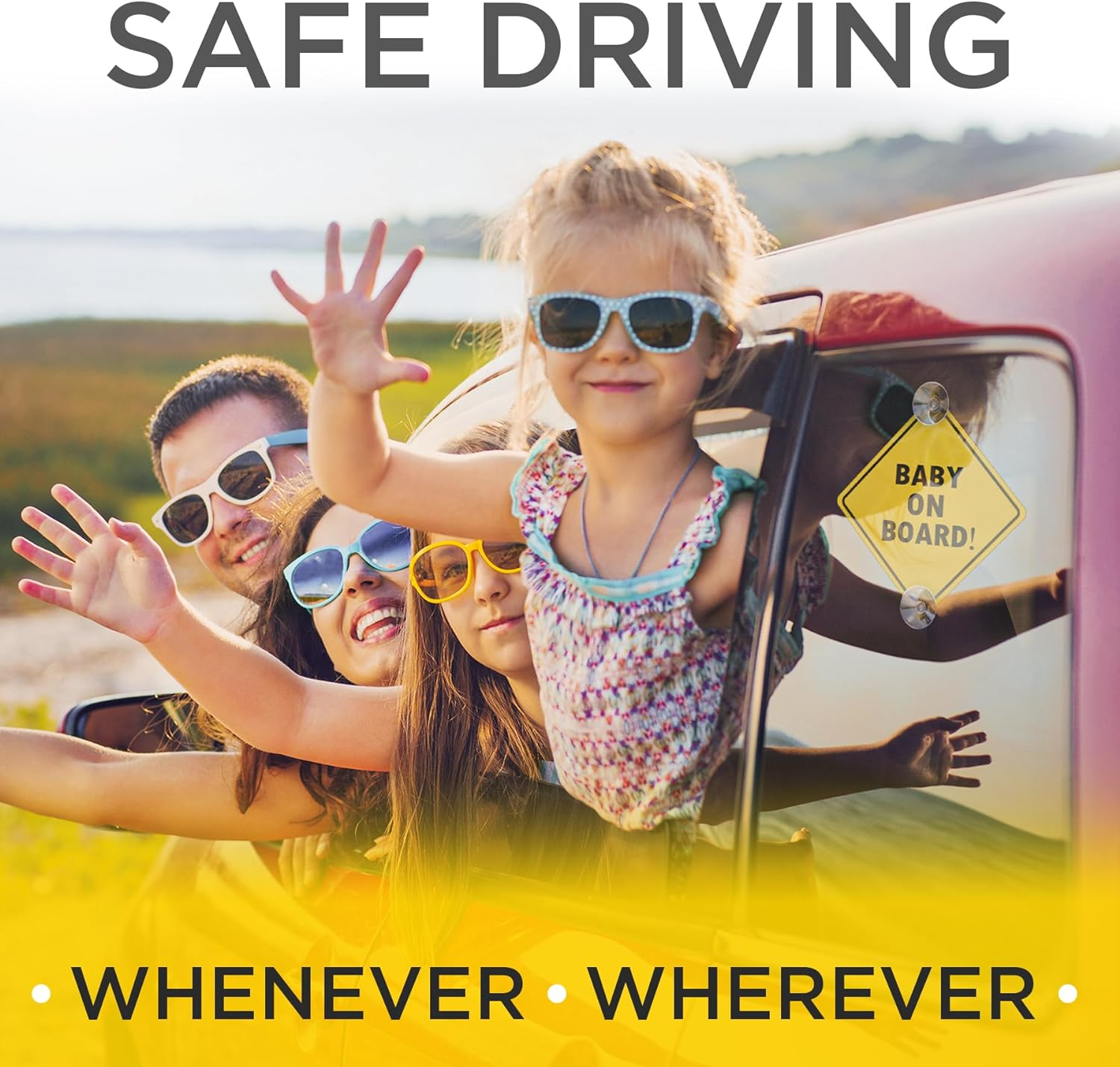 ASSURED SIGNS Baby on Board Sign with Suction Cups - 2 Pack, 5" by 5" - Essential Safety Signs for Cars - Bright Yellow - Durable and Strong Suction