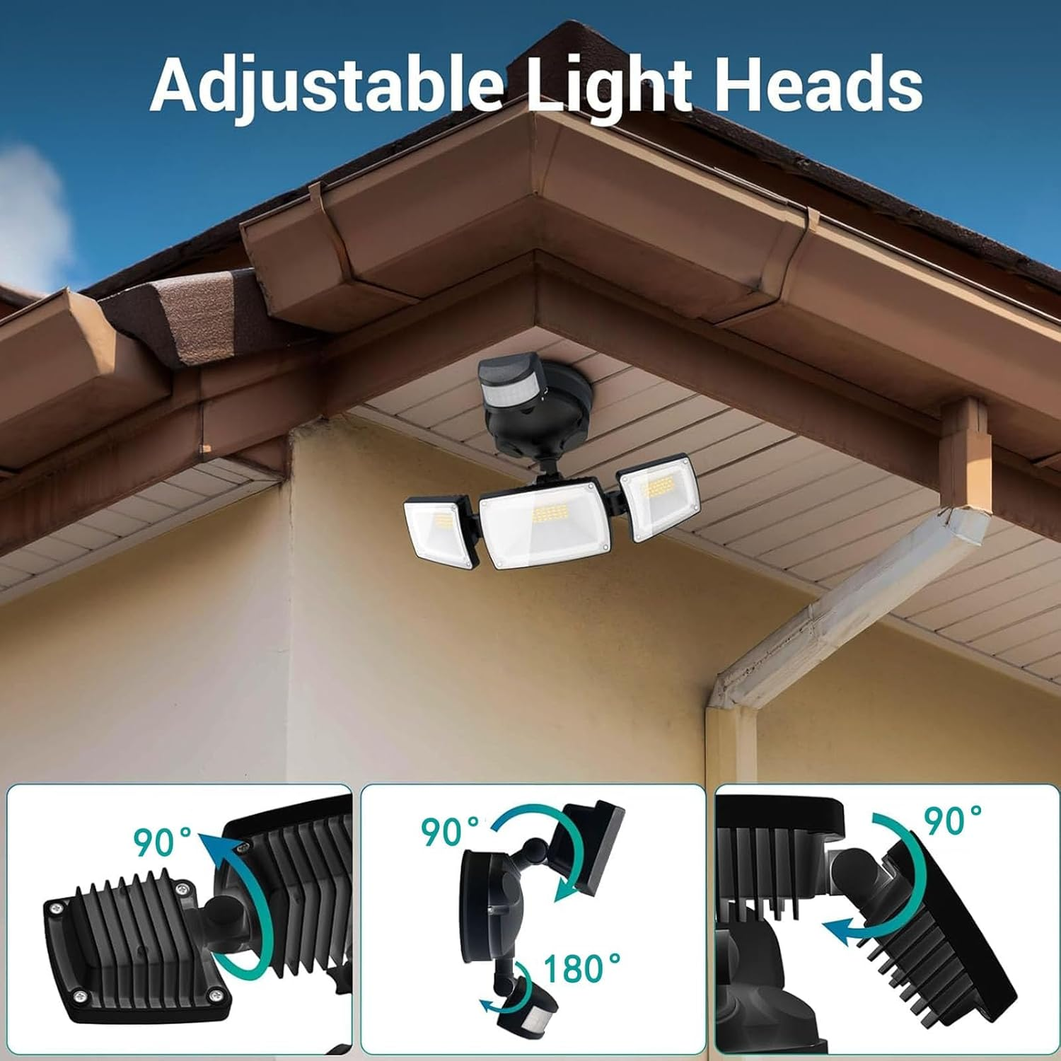 TONGLIN Security Light Outdoor, 4200LM 75LED Wiring Motion Sensor Lights, 42W 3-Head Angel Adjustable Flood Light with Remote Control, IP66 Waterproof Garden Light for Porch Patio Driveway Pathway image number 5