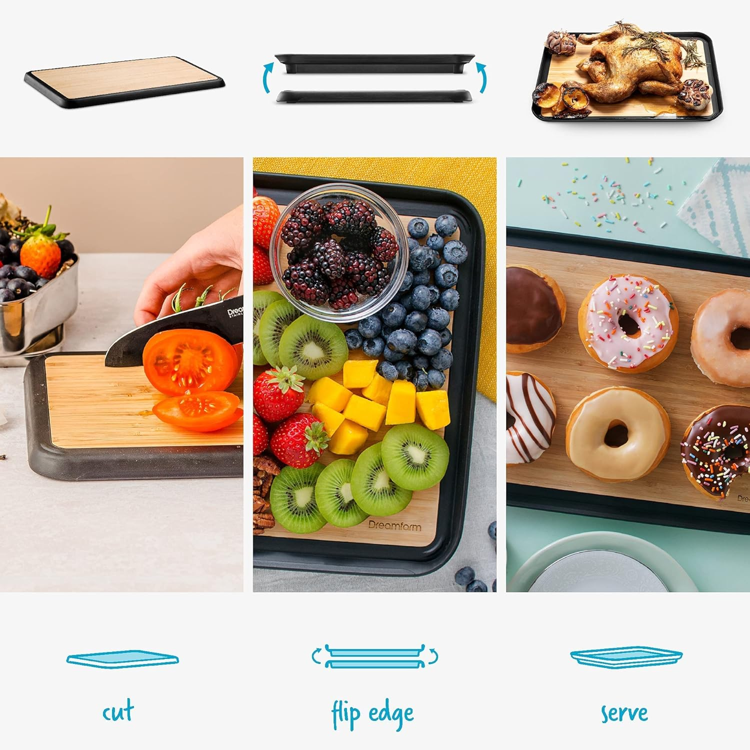 Dreamfarm Big Fledge Bamboo Dishwasher-Safe, Double-Sided Cutting Board with Non-Slip, Juice-Catching Flip-Up Silicone Edges - 14"X10", Bamboo image number 6