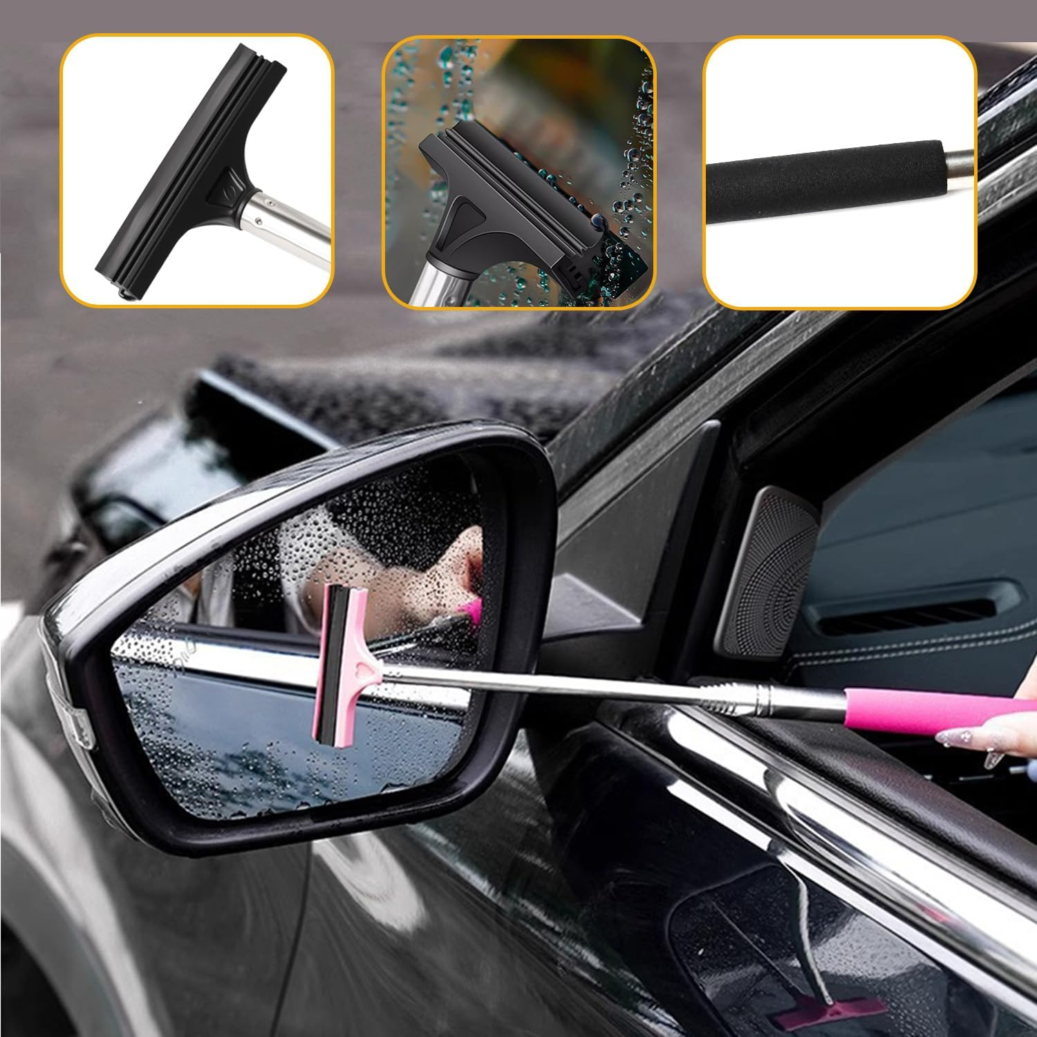 2-In-1 Car Mirror Squeegee &ndash; Portable Rearview Mirror Wiper with 98Cm Long Handle for Glass & Windows, Black and Pink image number 5