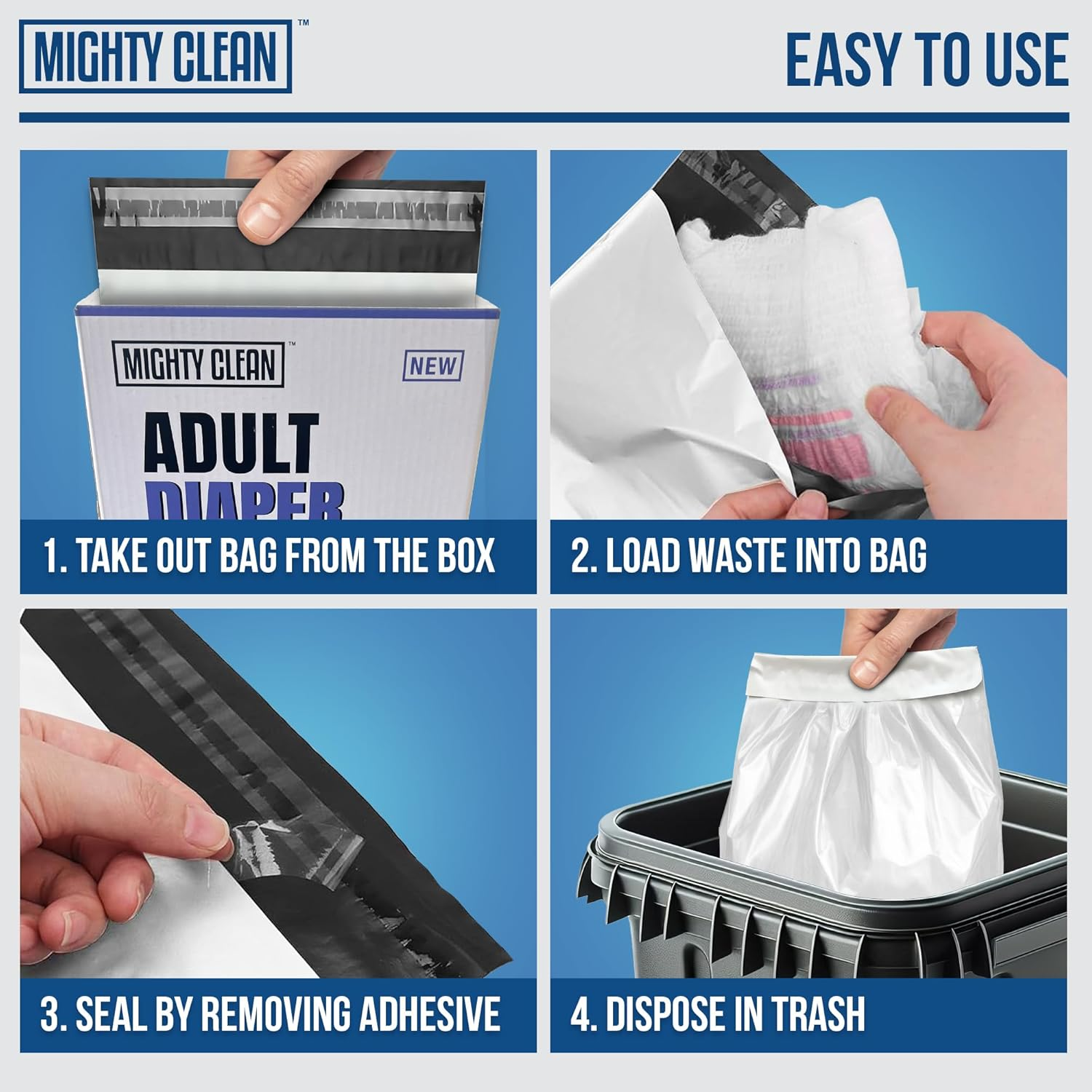 Mighty Clean Extra Large Adult Diaper Disposable Bags - 30 Bags | Leak-Proof, Odor Sealing, Tear Resistant | Discreet for Diapers, Incontinence Pads, Sanitary Product Disposal | Durable and Unscented image number 6