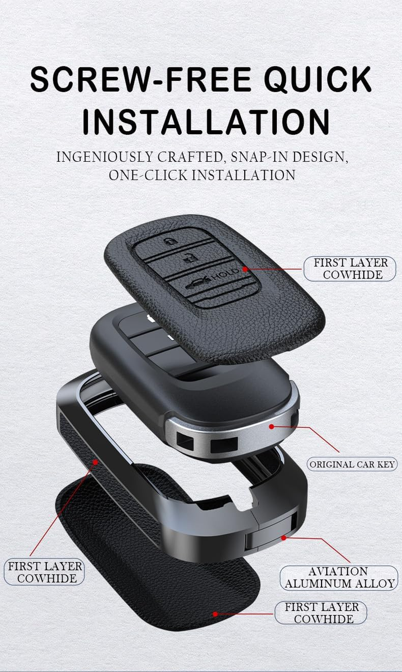 Ontto 3 Buttons Leather Key Fob Cover Fit for Honda Civic 11Th 12Th Gen Accord Vezel Freed Pilot CRV 2023 2024 Keychain Accessories Zinc Alloy Smart Key Case Shell Holder Bag Keyring Red B - A-Black image number 4