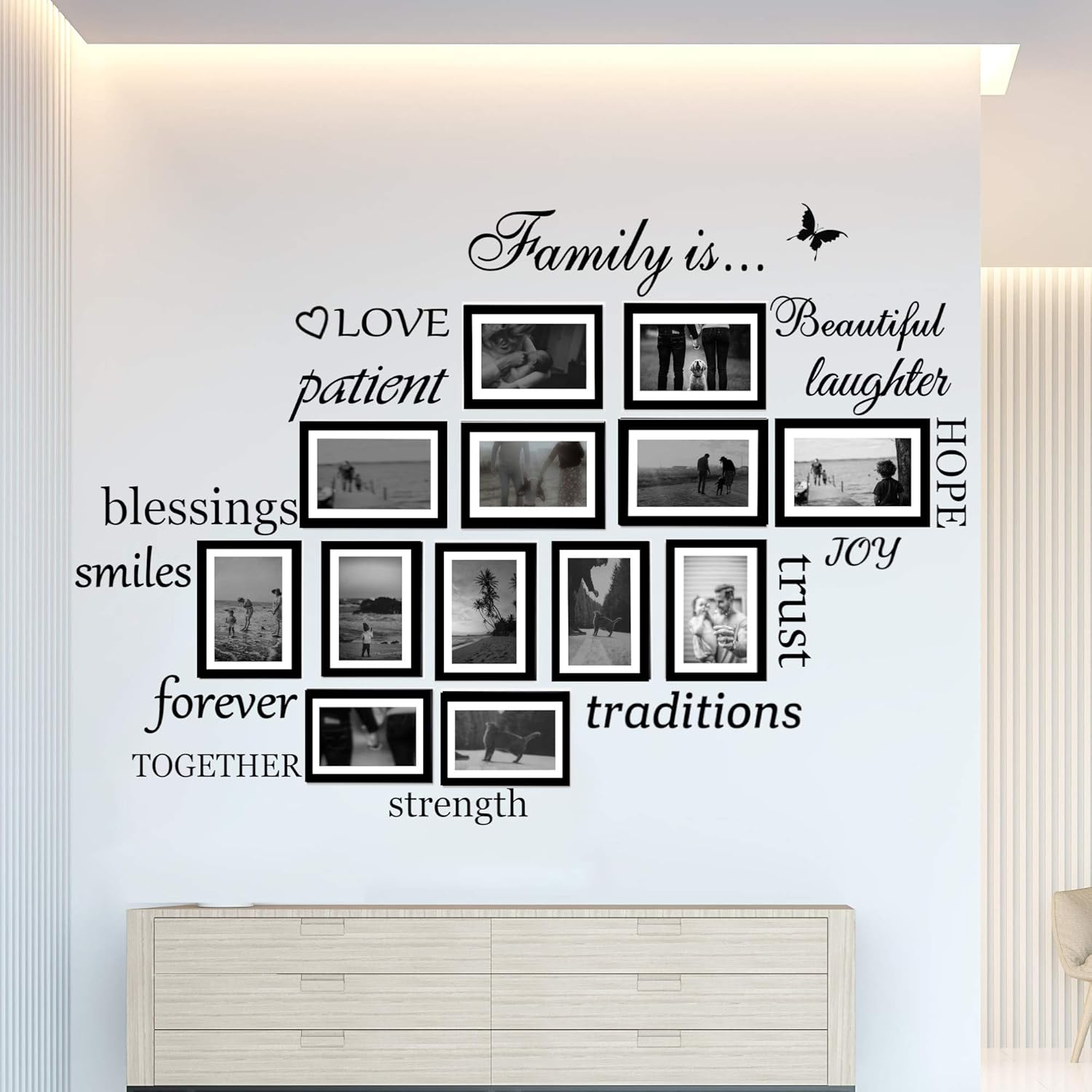 Set of 14 Family Is Quote Words Wall Vinyl Decal Sticker Picture Frame Decoration DIY Living Room Dining Room Mural Matte Black (The Photo Frame Not Included)