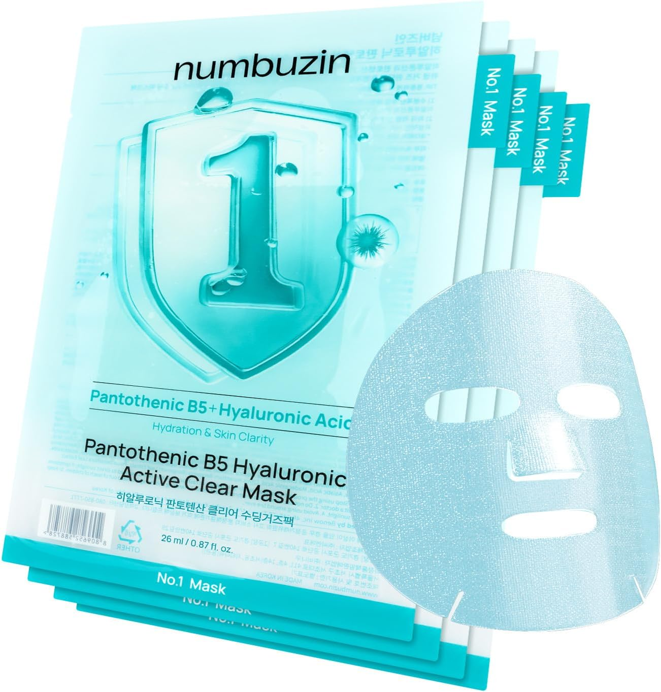 Numbuzin No.1 Sheet Mask | Pantothenic B5 Hyaluronic Active Clear Mask | Calming, Soothing, Hydrating | Acne Prone Skin | Controls Excess Oil, Reduces Redness, Safe for Sensitive Skin | 4 Sheets image number 6