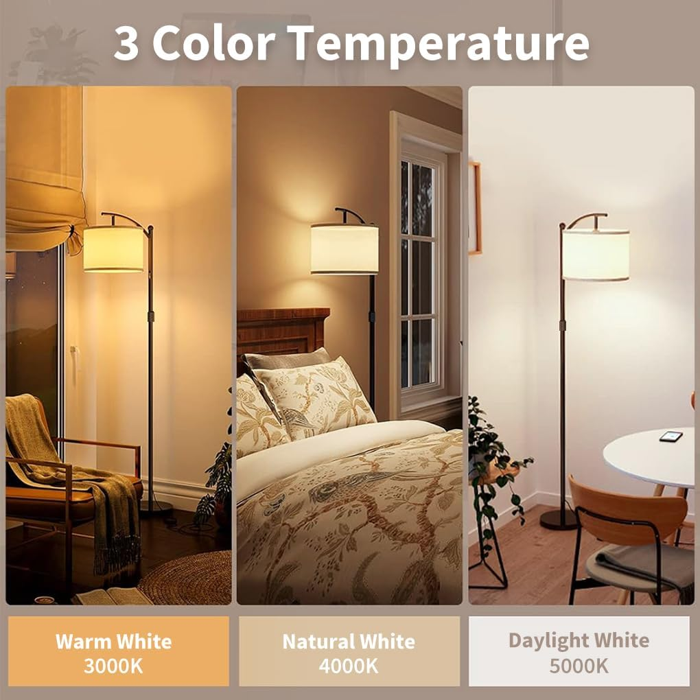Clora Modern Arc Floor Lamp Standing Lamp with 3 Color Temperatures, 160-175Cm Adjustable Height Corner Tall Lamp with Linen Shade & 12W LED Bulb Included for Living Room Bedroom Office Dorm Reading image number 1