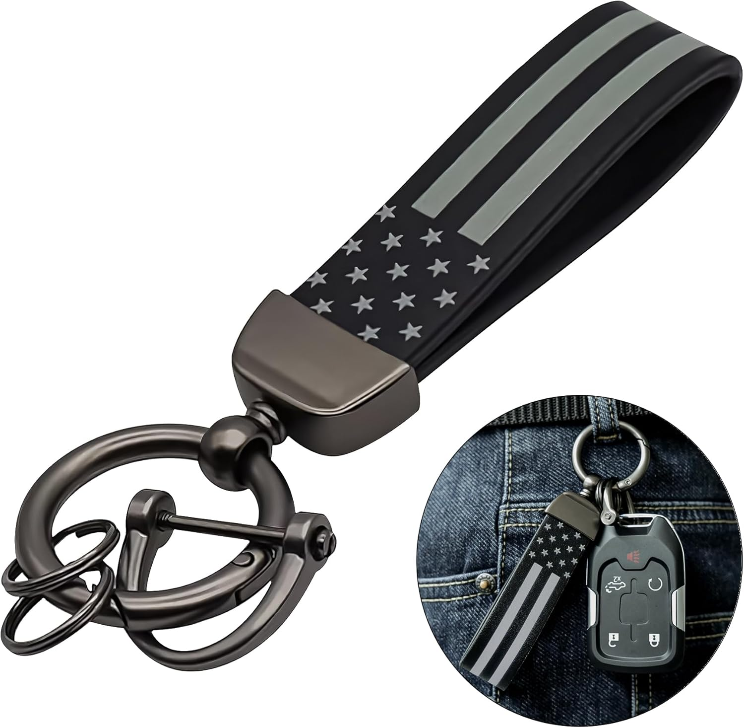 JUNJIAWU Leather Car Key Chain: American USA Flag Car Keychain with Zinc Alloy Ring Carabiner for All Car Key Accessories image number 1
